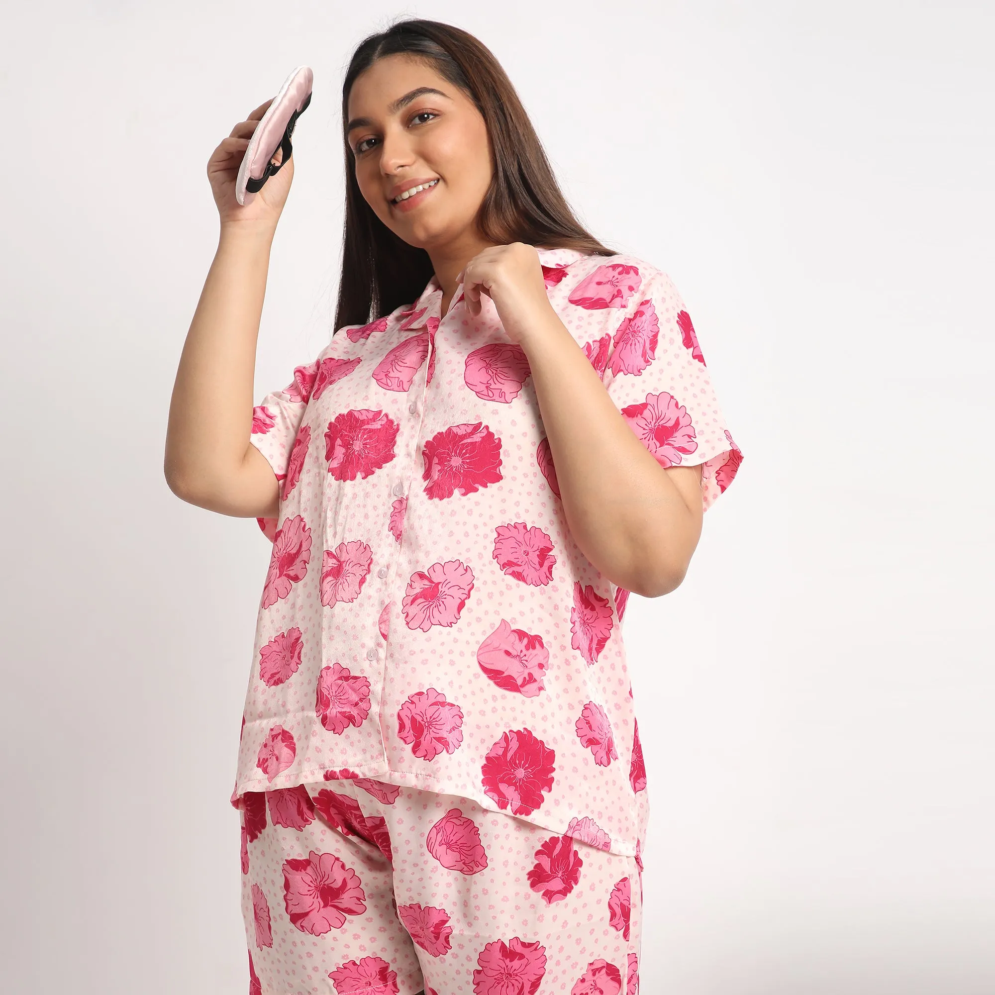 Pink Floral Print Velvet Satin Plus Size Short Set