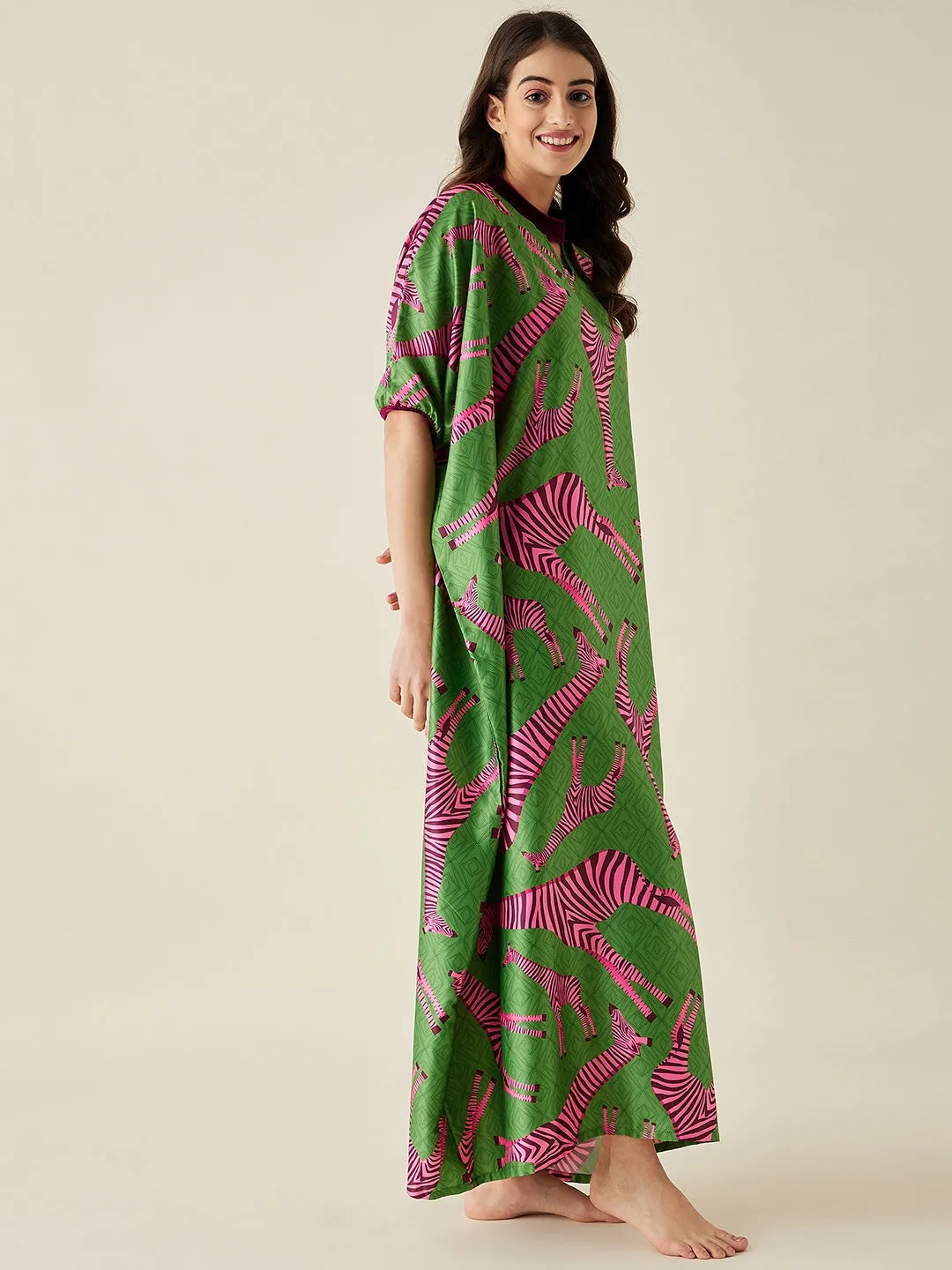 Pink Giraffe Satin  Kaftan Loungewear