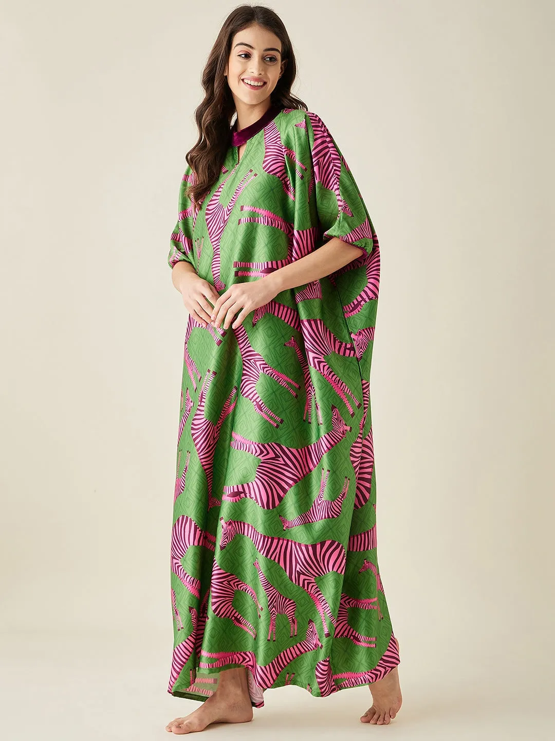 Pink Giraffe Satin  Kaftan Loungewear