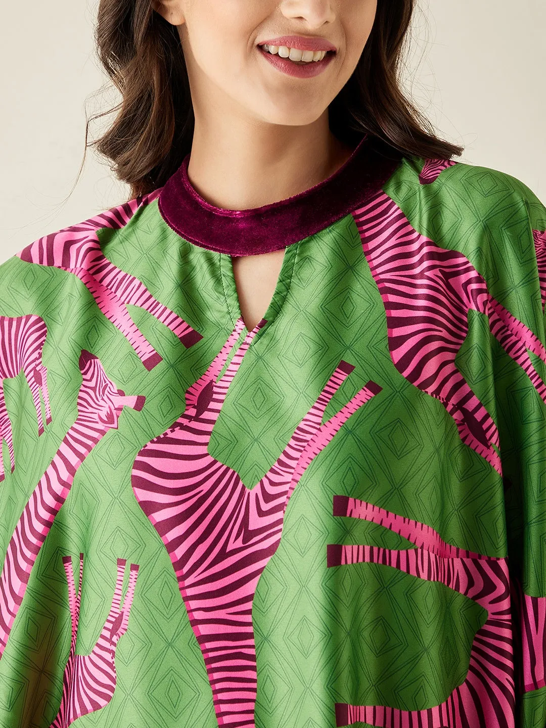 Pink Giraffe Satin  Kaftan Loungewear