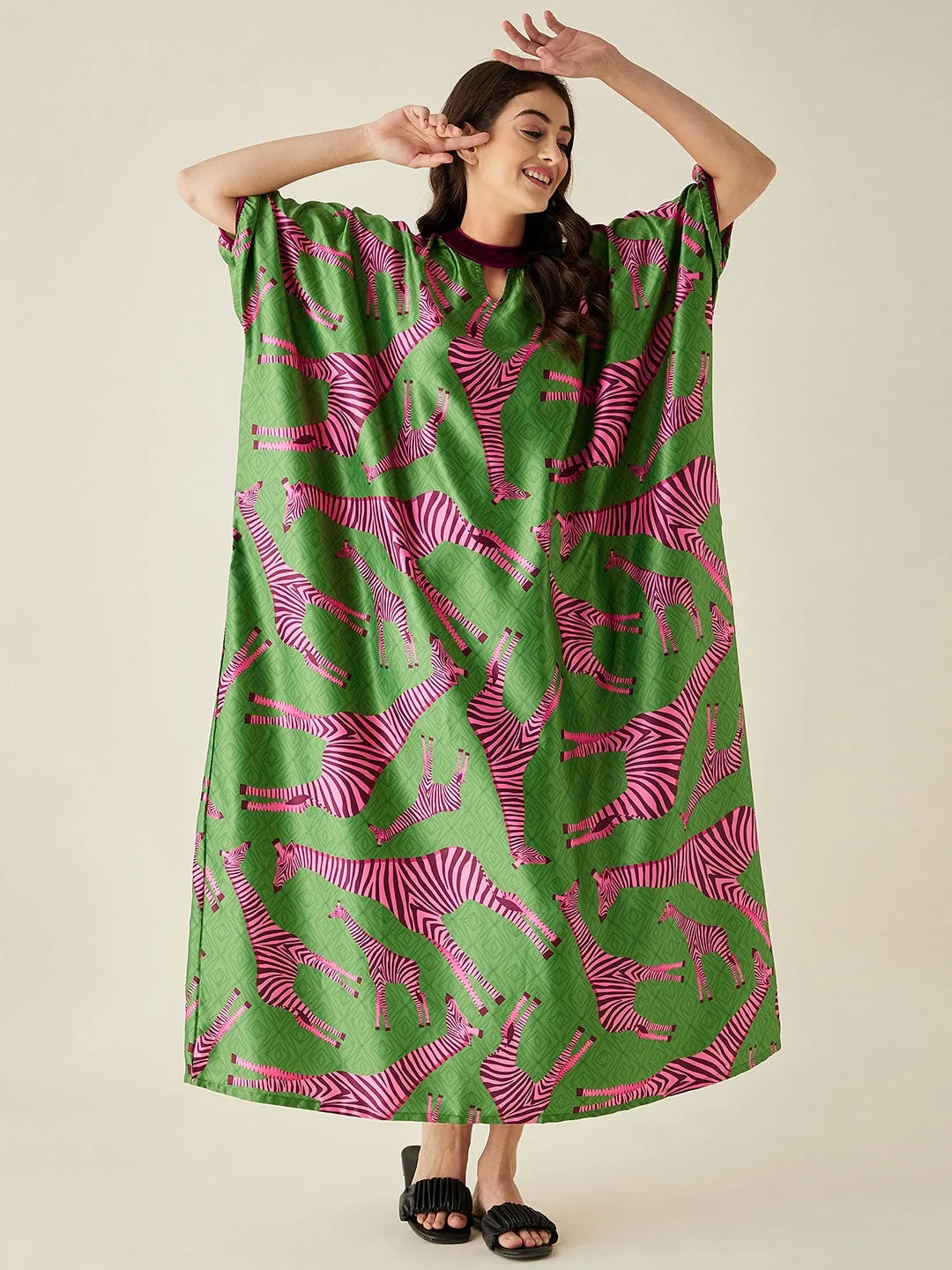 Pink Giraffe Satin  Kaftan Loungewear