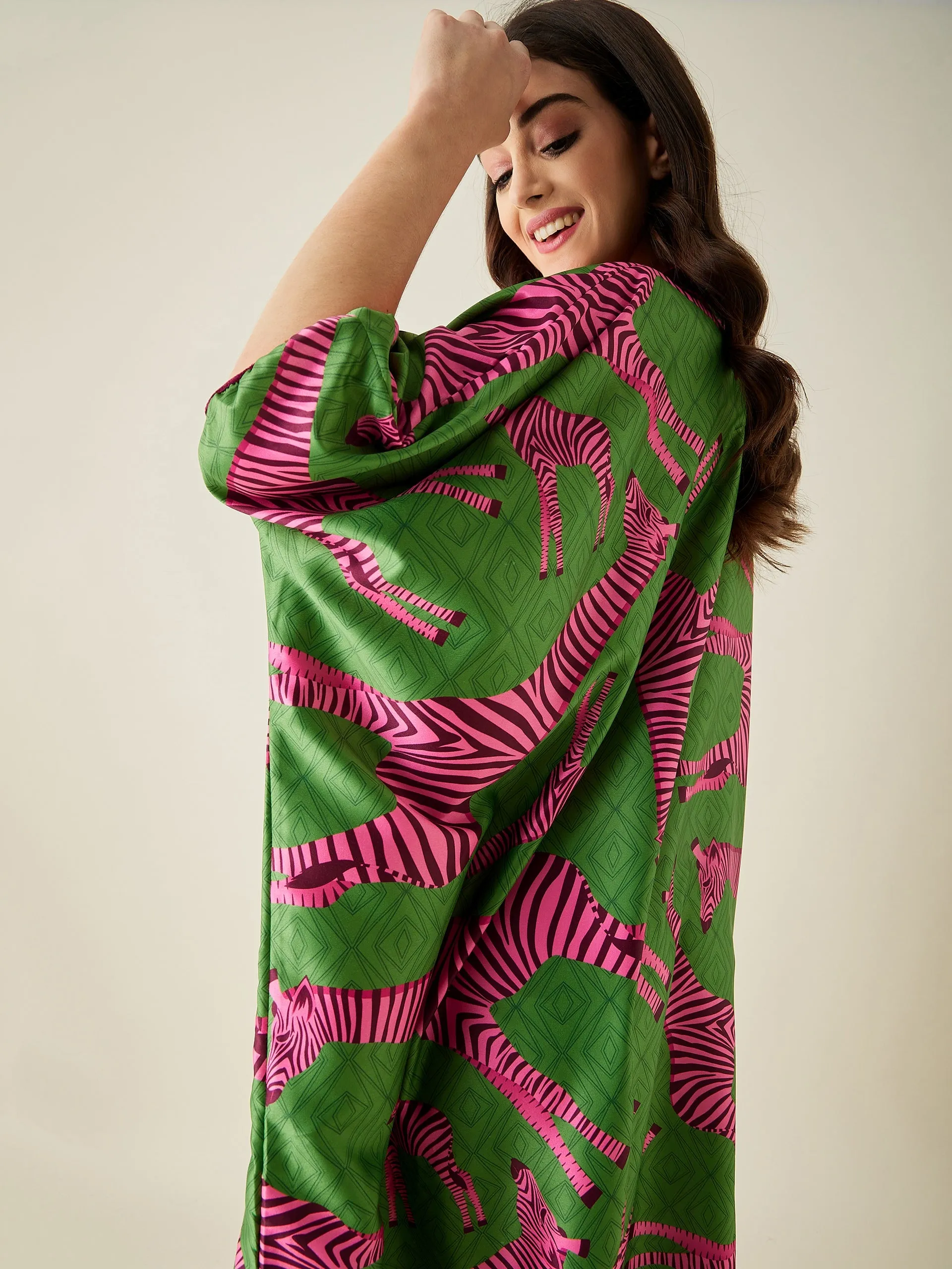 Pink Giraffe Satin  Kaftan Loungewear