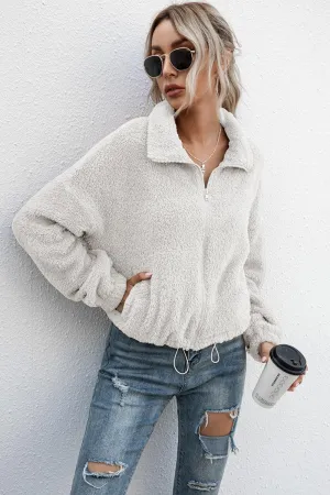 Plush Drawstring Hem Teddy Zip Up Jacket