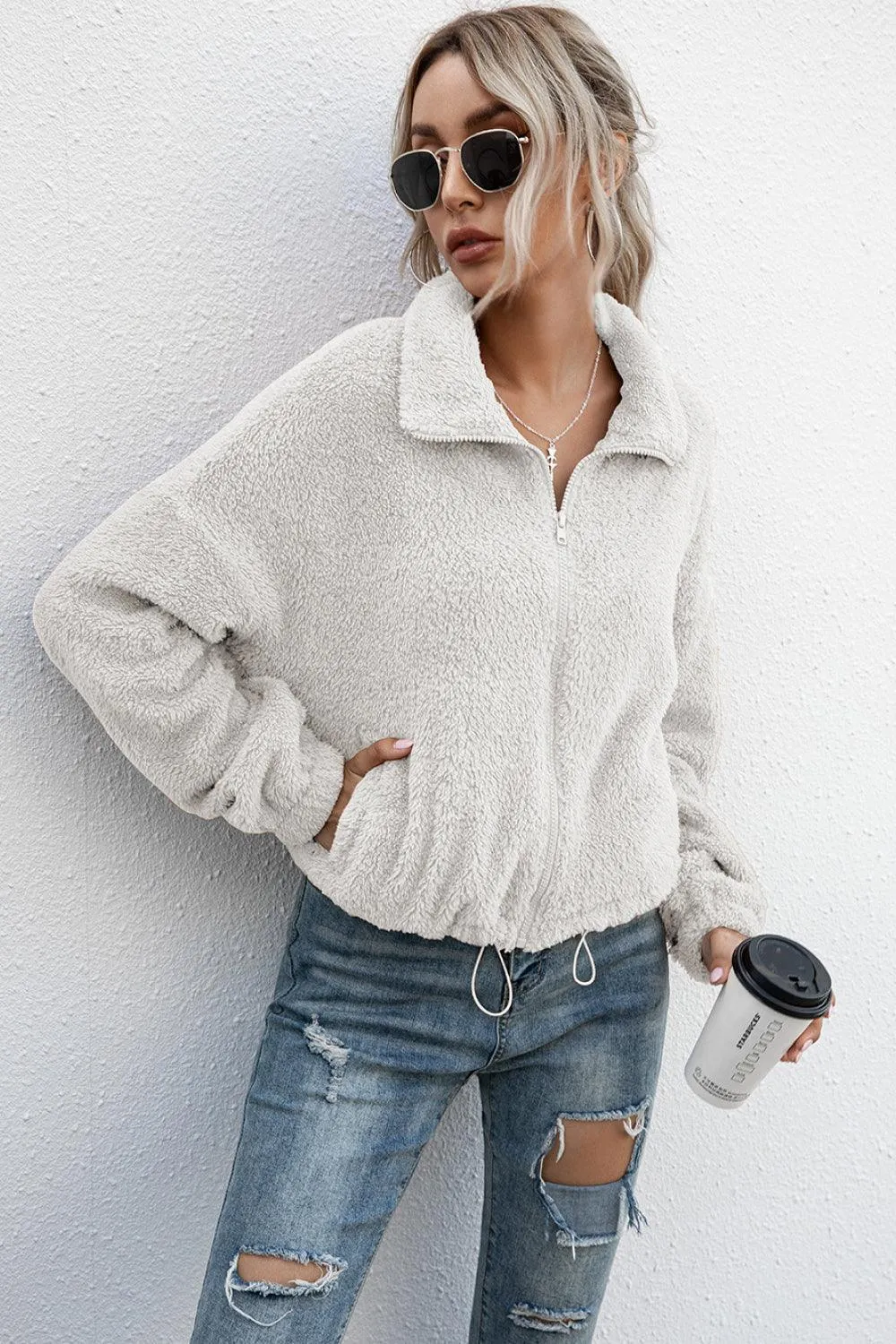 Plush Drawstring Hem Teddy Zip Up Jacket