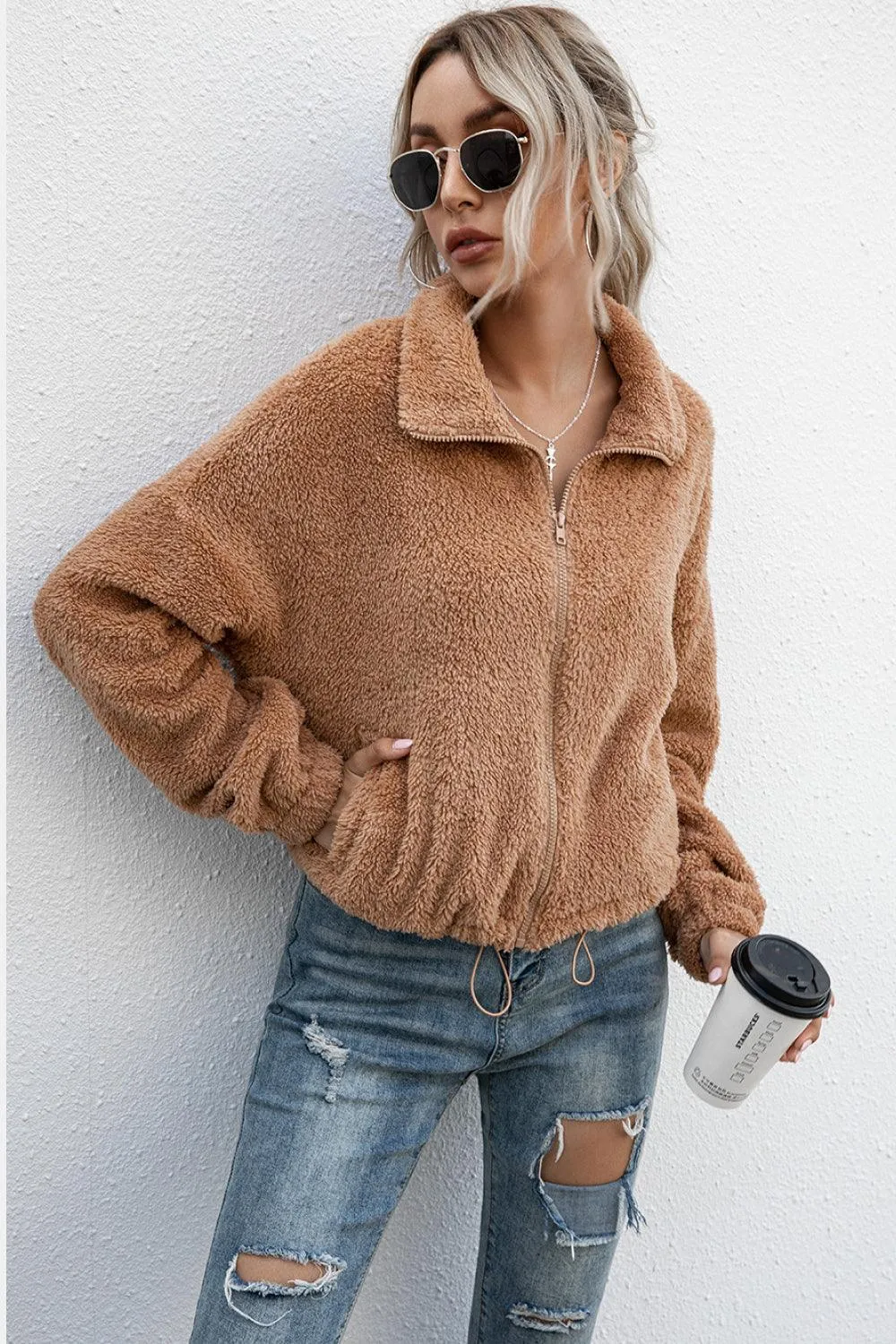 Plush Drawstring Hem Teddy Zip Up Jacket