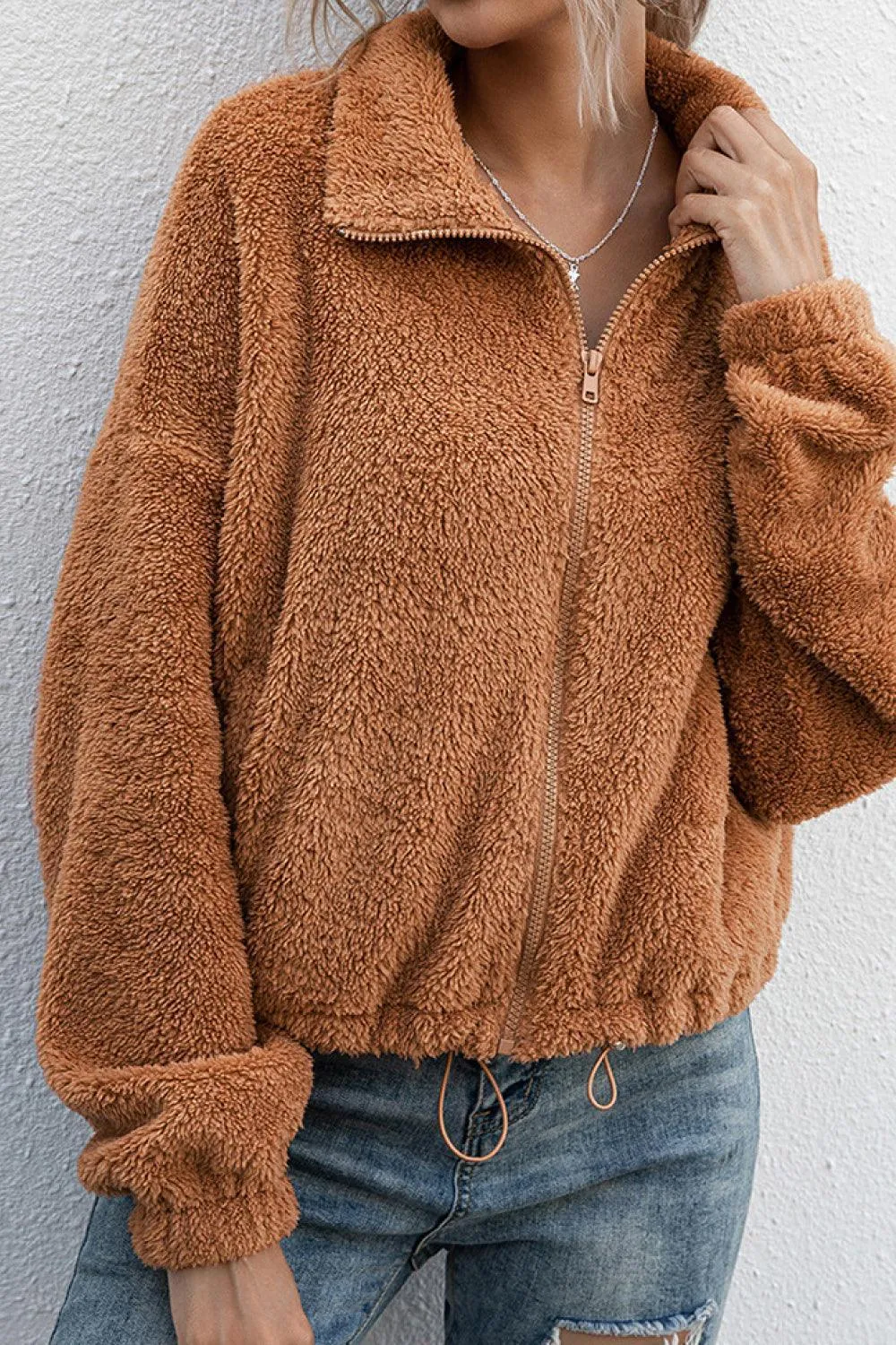 Plush Drawstring Hem Teddy Zip Up Jacket