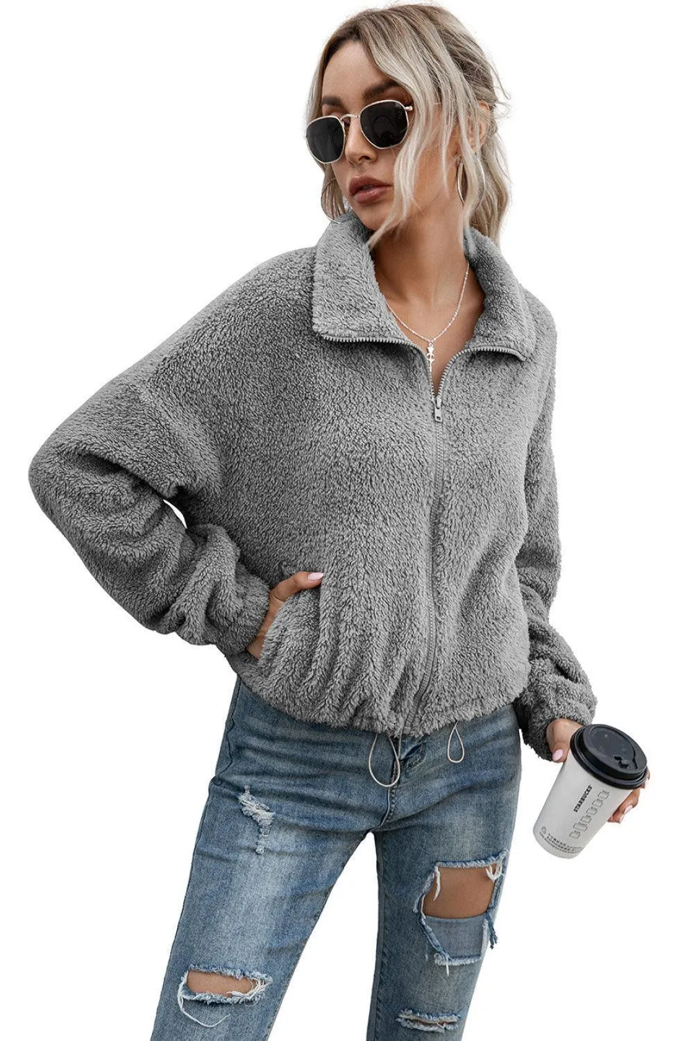 Plush Drawstring Hem Teddy Zip Up Jacket