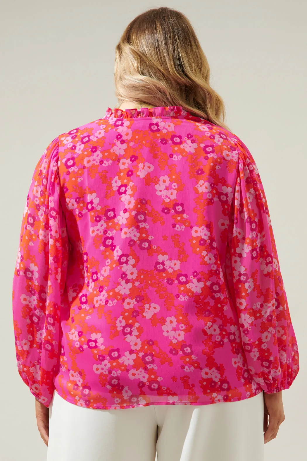 Poppy Punch Hathaway Split Neck Long Sleeve Blouse Curve