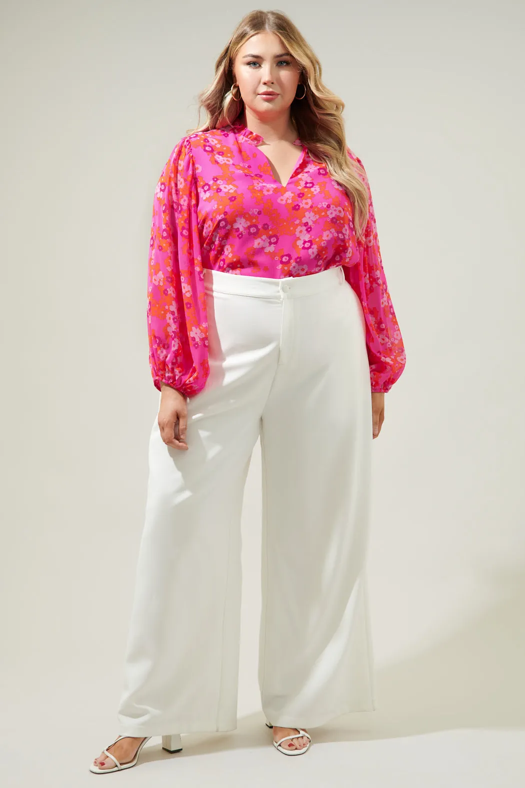 Poppy Punch Hathaway Split Neck Long Sleeve Blouse Curve