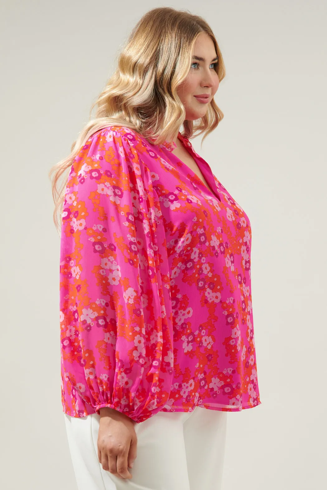 Poppy Punch Hathaway Split Neck Long Sleeve Blouse Curve