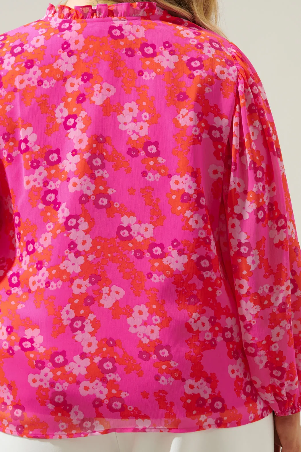 Poppy Punch Hathaway Split Neck Long Sleeve Blouse Curve