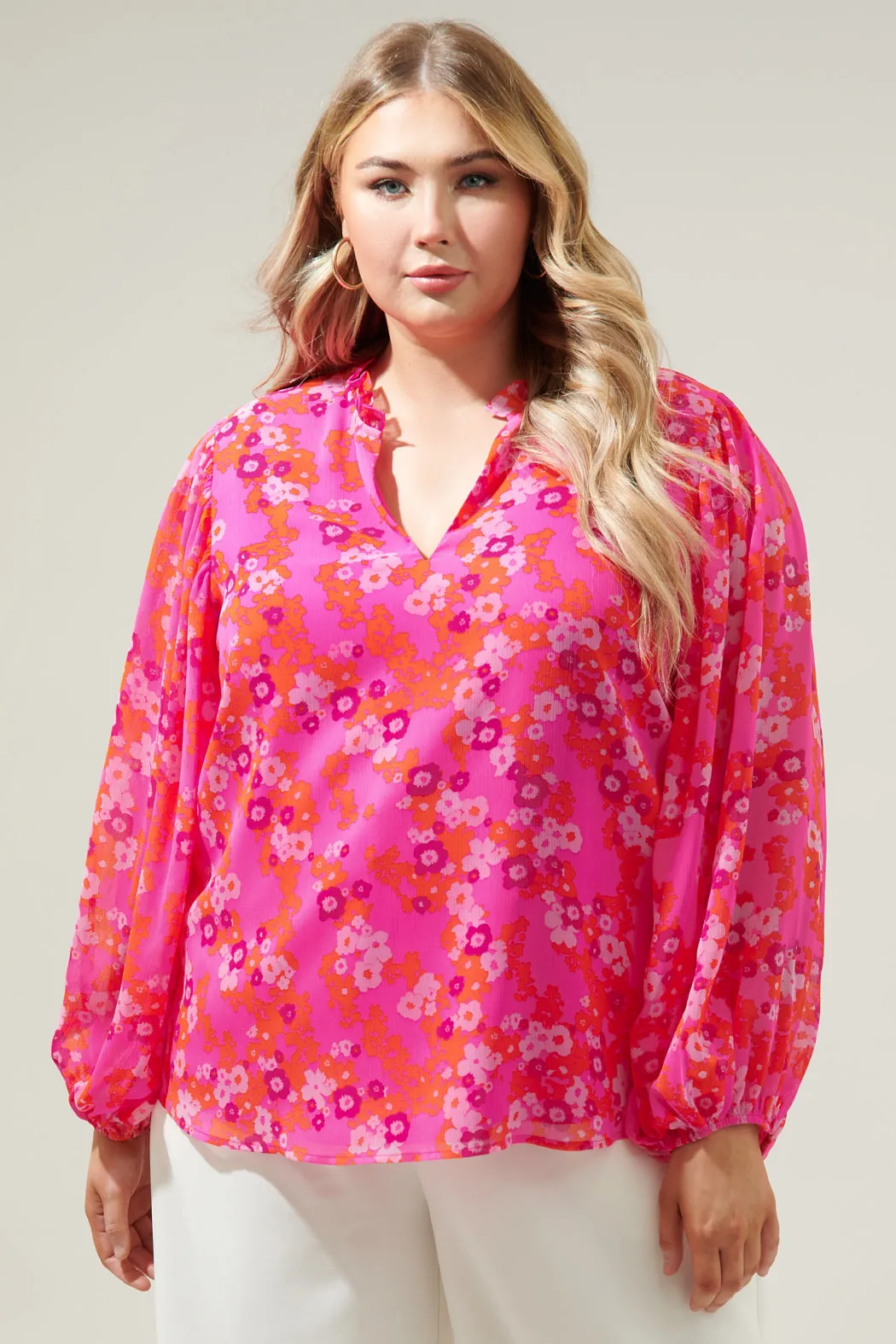 Poppy Punch Hathaway Split Neck Long Sleeve Blouse Curve