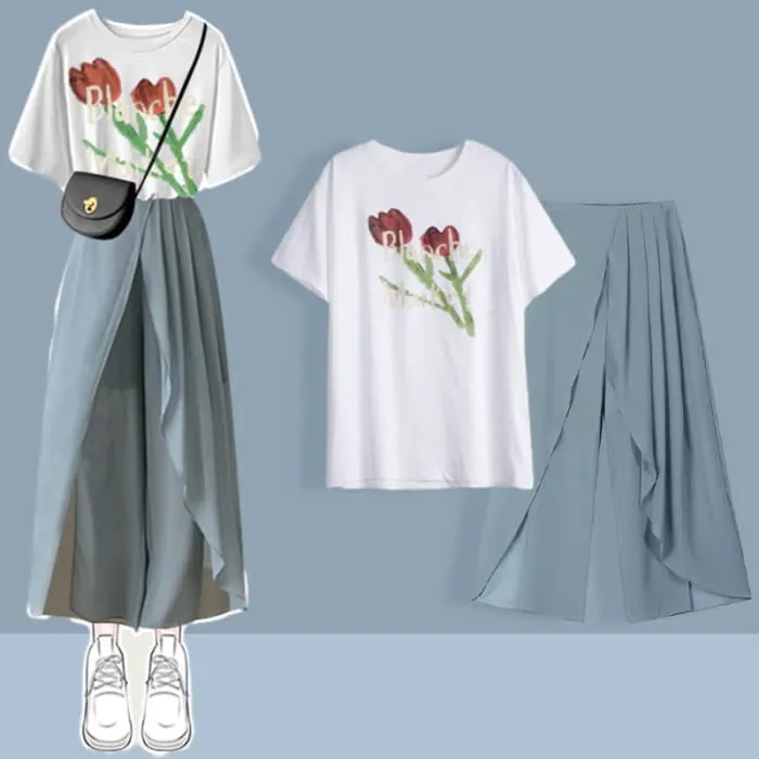 Printed T-Shirt Chiffon Pleated Split Pants Set