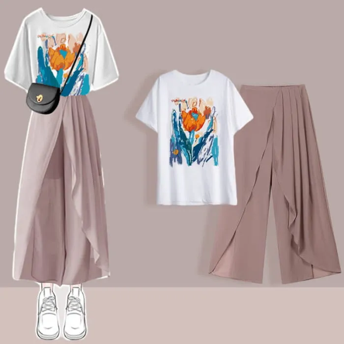Printed T-Shirt Chiffon Pleated Split Pants Set