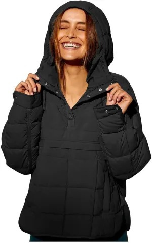 Pullover Puffer Jacket for Women Long Sleeve Oversized Quilted Jackets Solid Color Hooded Sweatshirt Fall Comfy Outwear