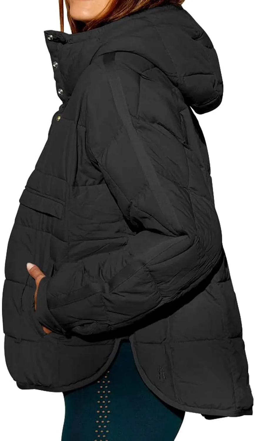 Pullover Puffer Jacket for Women Long Sleeve Oversized Quilted Jackets Solid Color Hooded Sweatshirt Fall Comfy Outwear