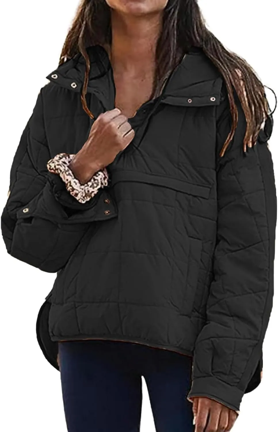 Pullover Puffer Jacket for Women Long Sleeve Oversized Quilted Jackets Solid Color Hooded Sweatshirt Fall Comfy Outwear