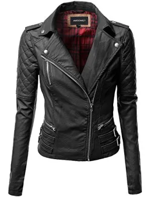 Qulited Sleeve Classic Rider Style Faux Leather Jackets Black Size L