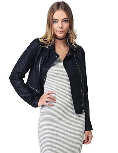 Qulited Sleeve Classic Rider Style Faux Leather Jackets Black Size L