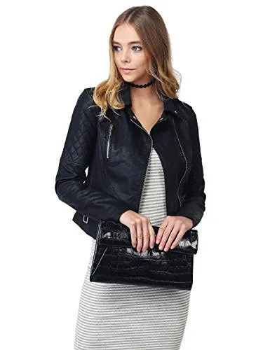 Qulited Sleeve Classic Rider Style Faux Leather Jackets Black Size L