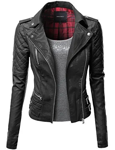Qulited Sleeve Classic Rider Style Faux Leather Jackets Black Size L