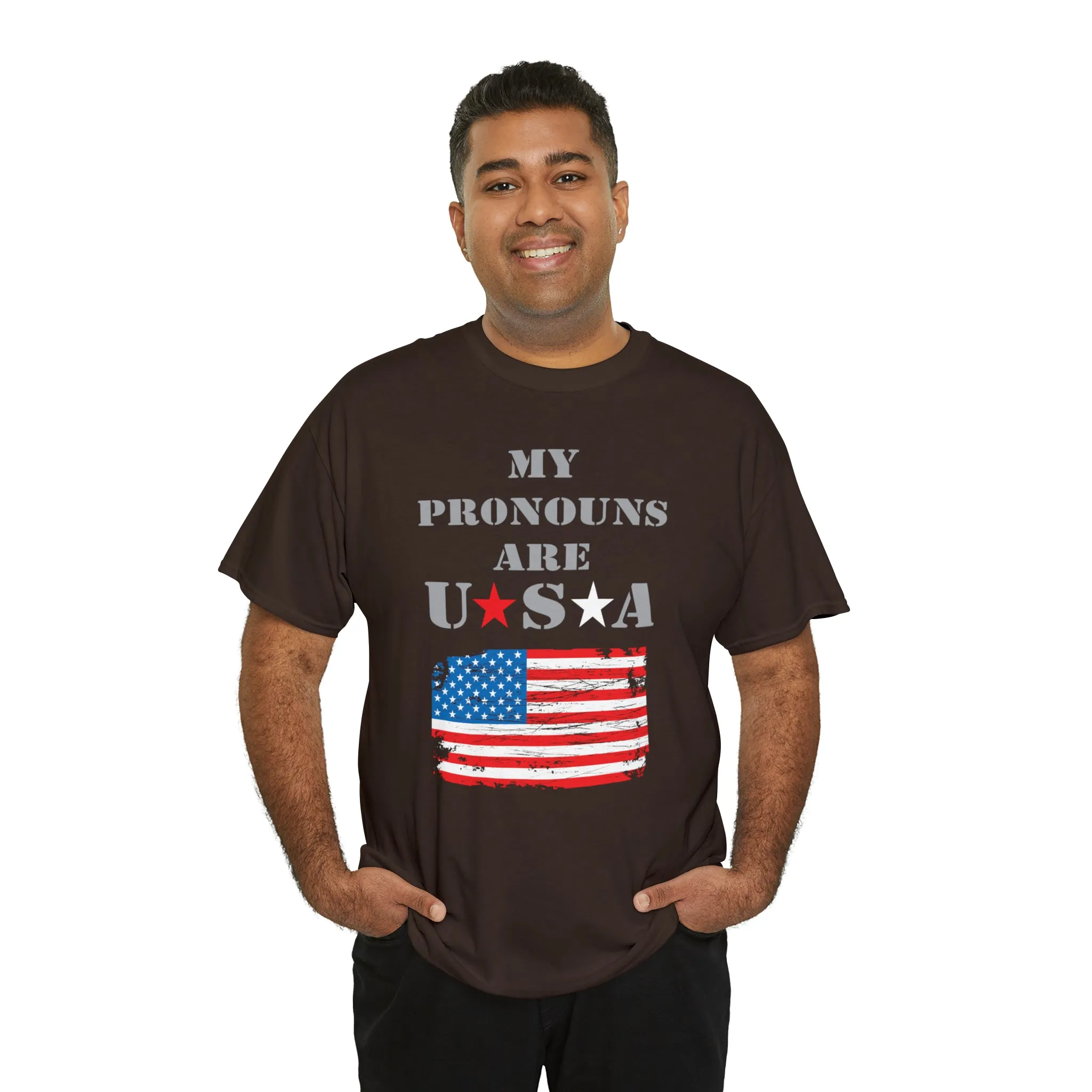 "My Pronouns are USA" in a super comfy heavy cotton t-shirt