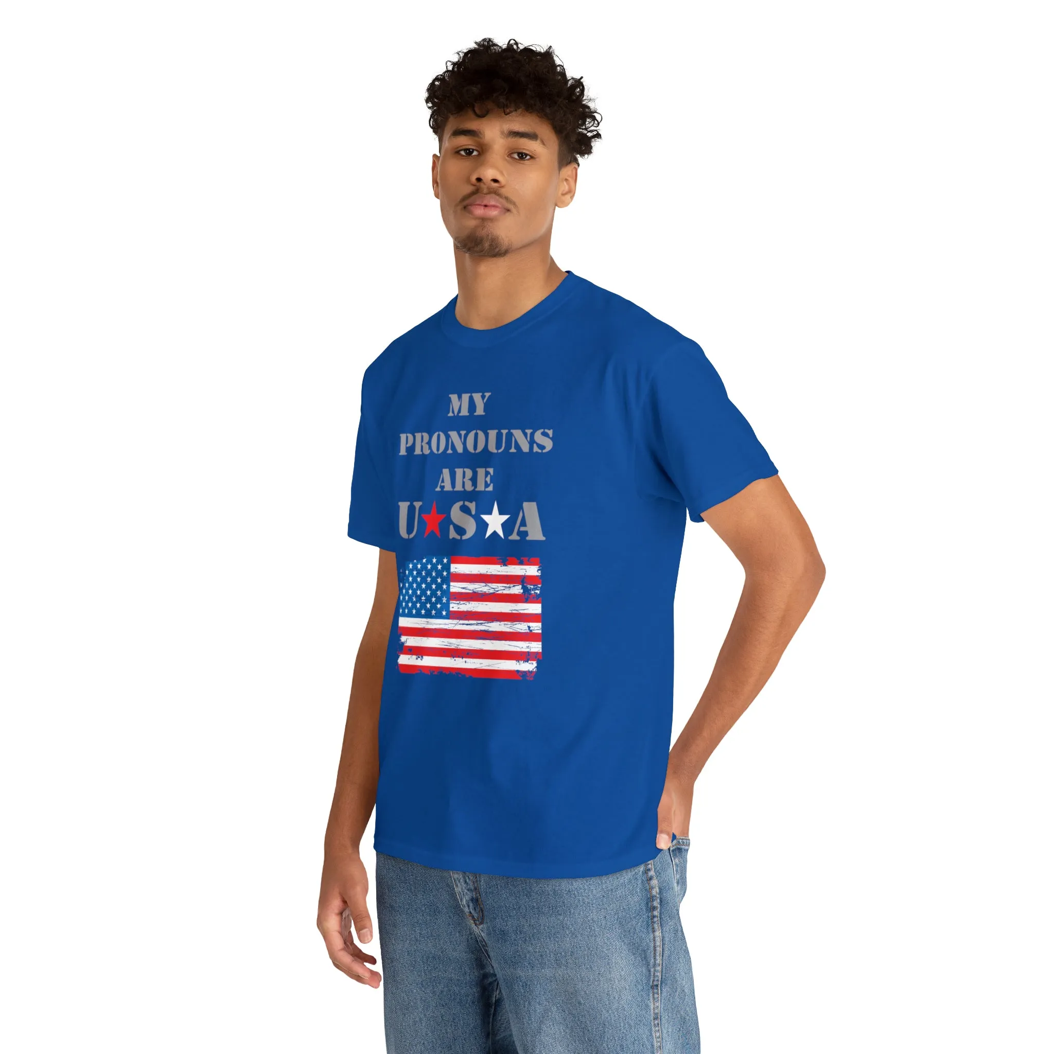 "My Pronouns are USA" in a super comfy heavy cotton t-shirt