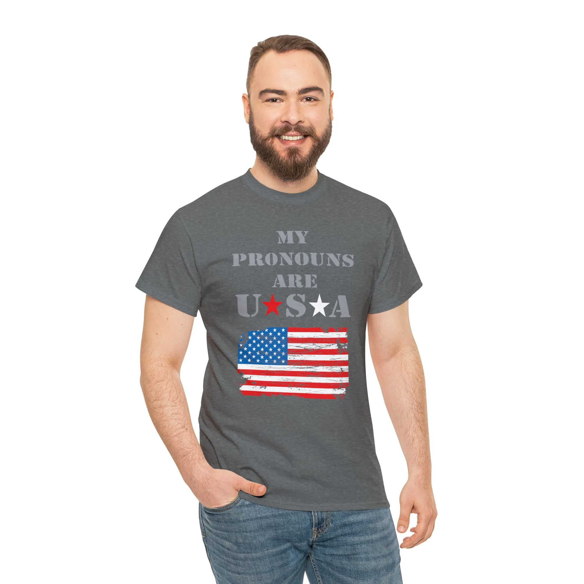 "My Pronouns are USA" in a super comfy heavy cotton t-shirt