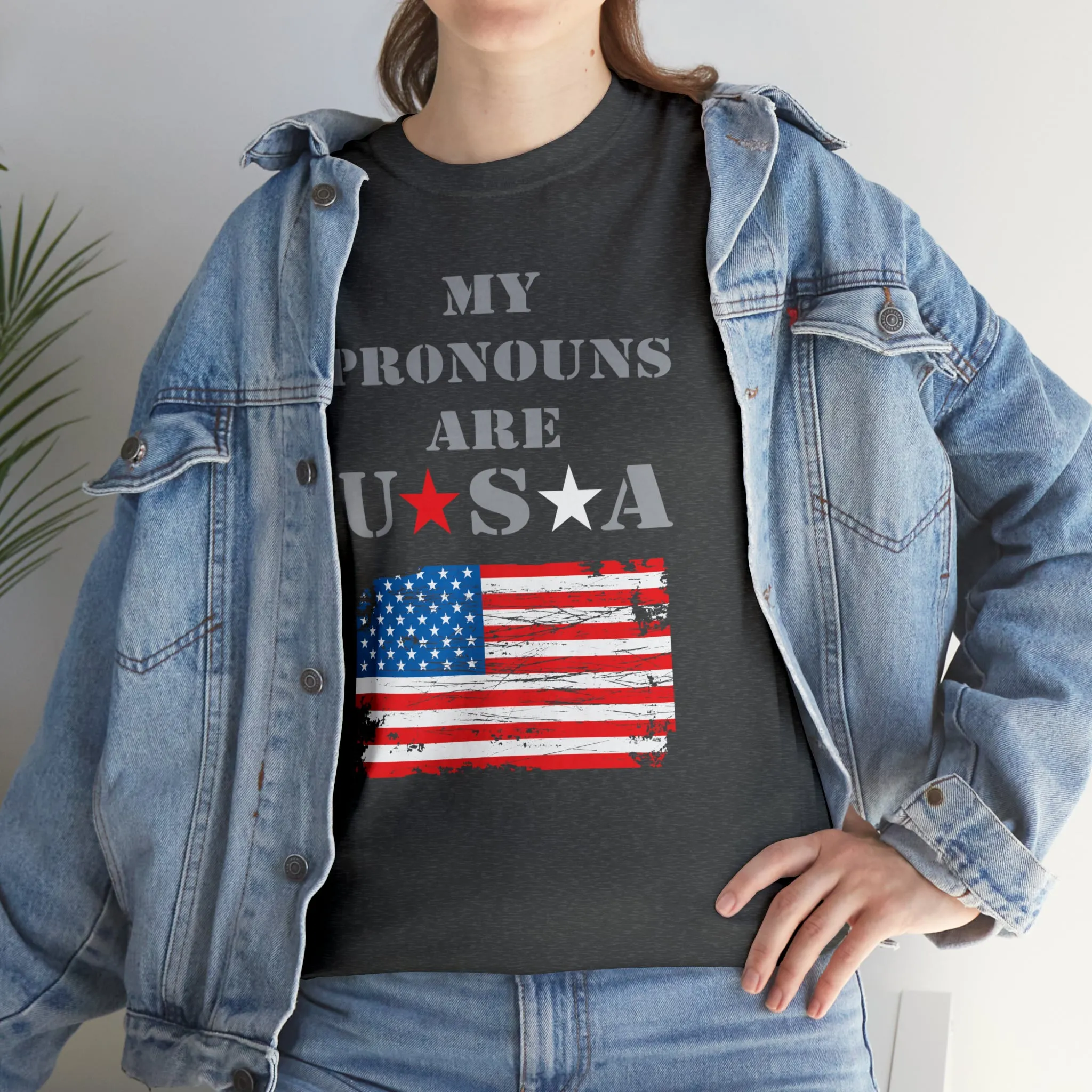 "My Pronouns are USA" in a super comfy heavy cotton t-shirt