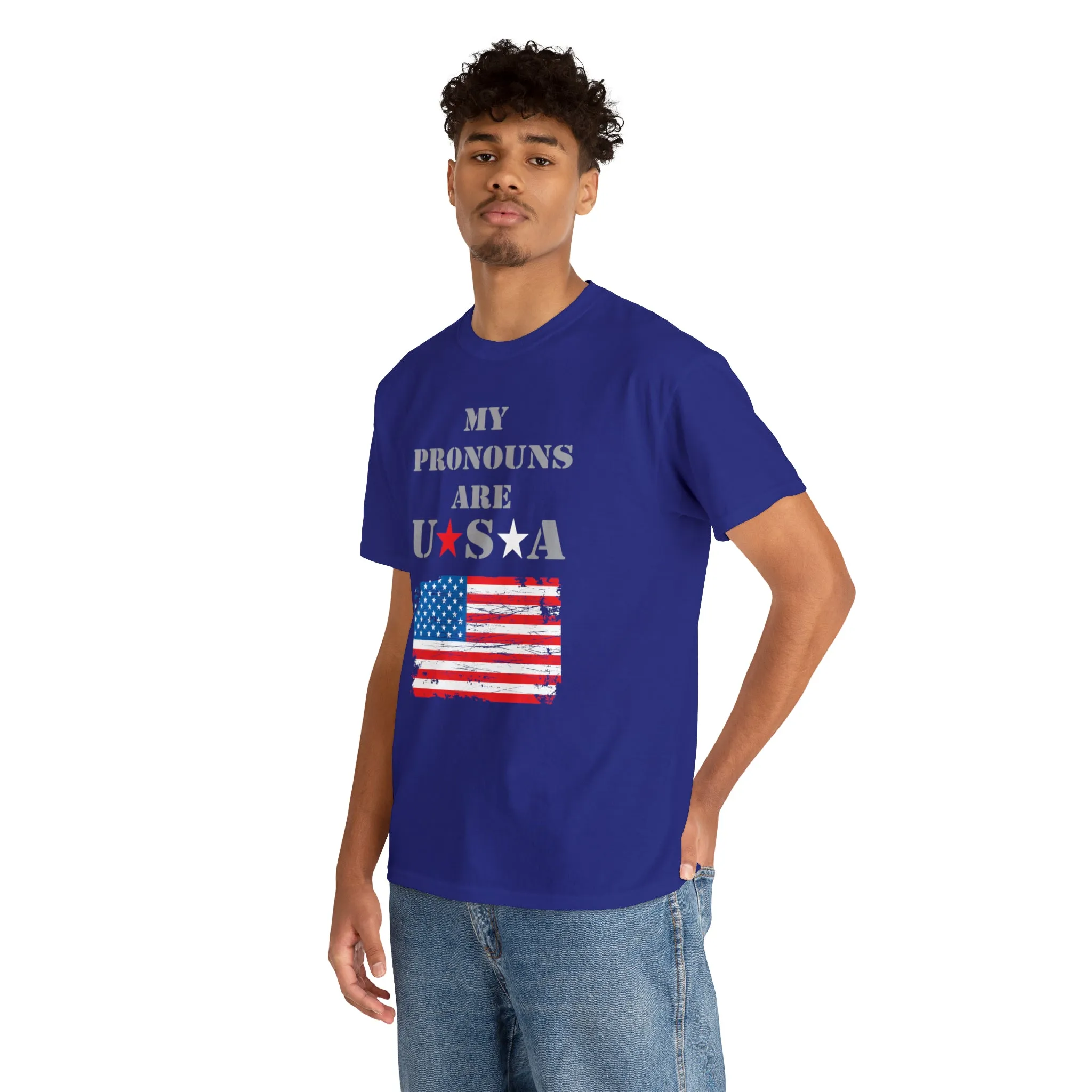 "My Pronouns are USA" in a super comfy heavy cotton t-shirt