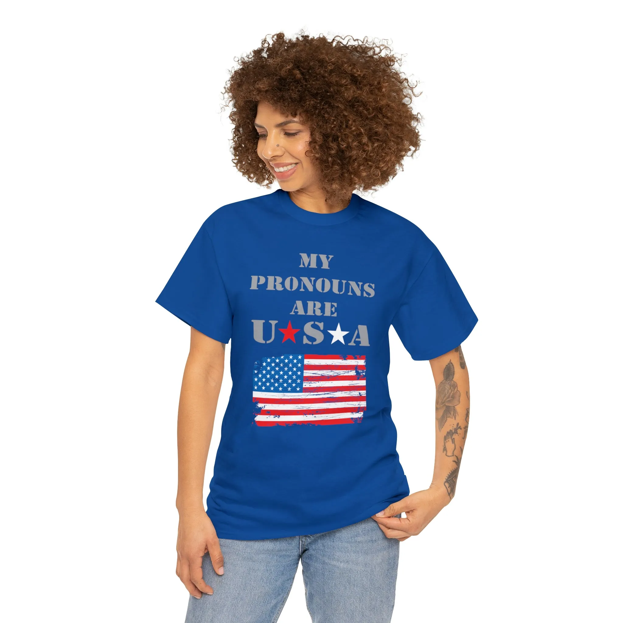 "My Pronouns are USA" in a super comfy heavy cotton t-shirt