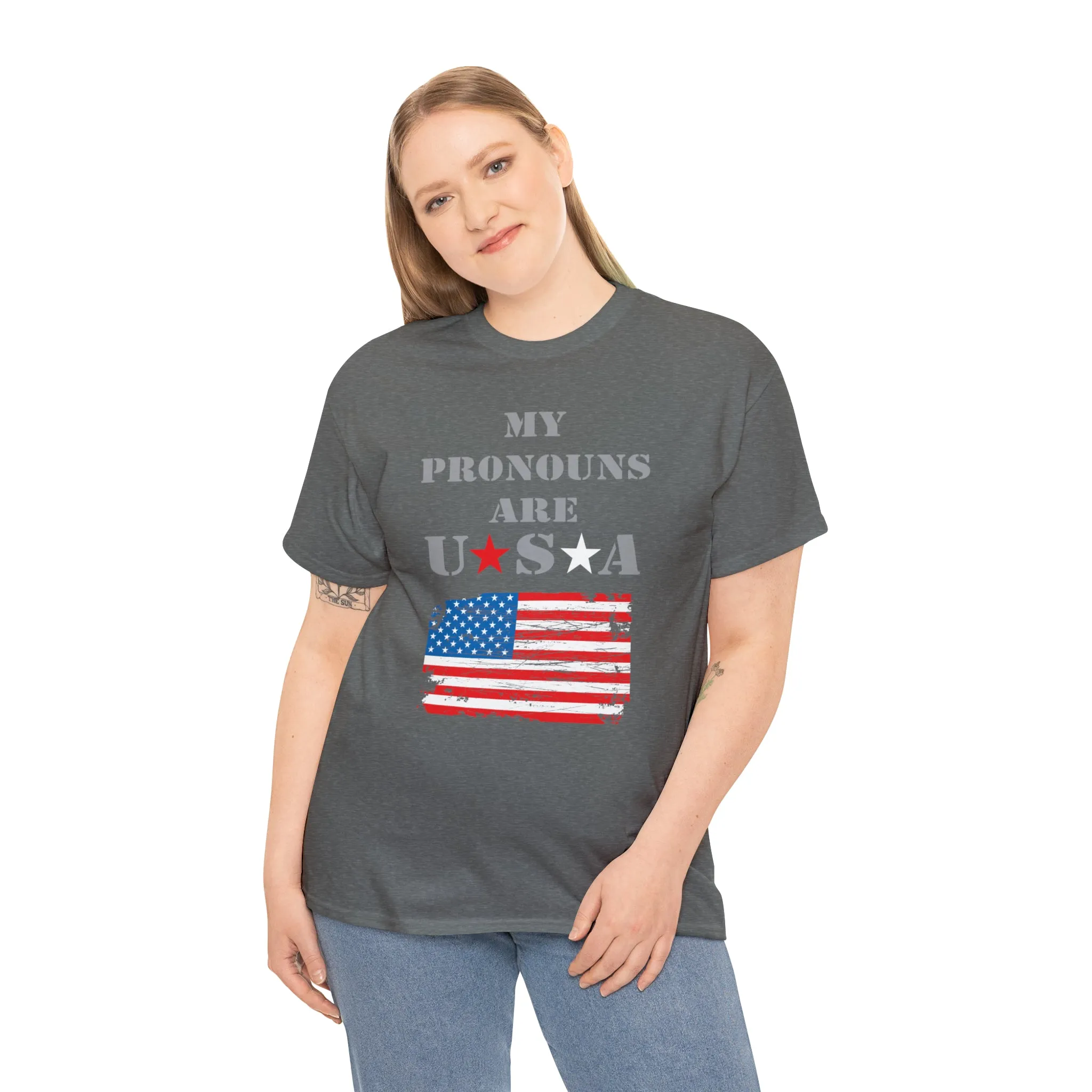 "My Pronouns are USA" in a super comfy heavy cotton t-shirt
