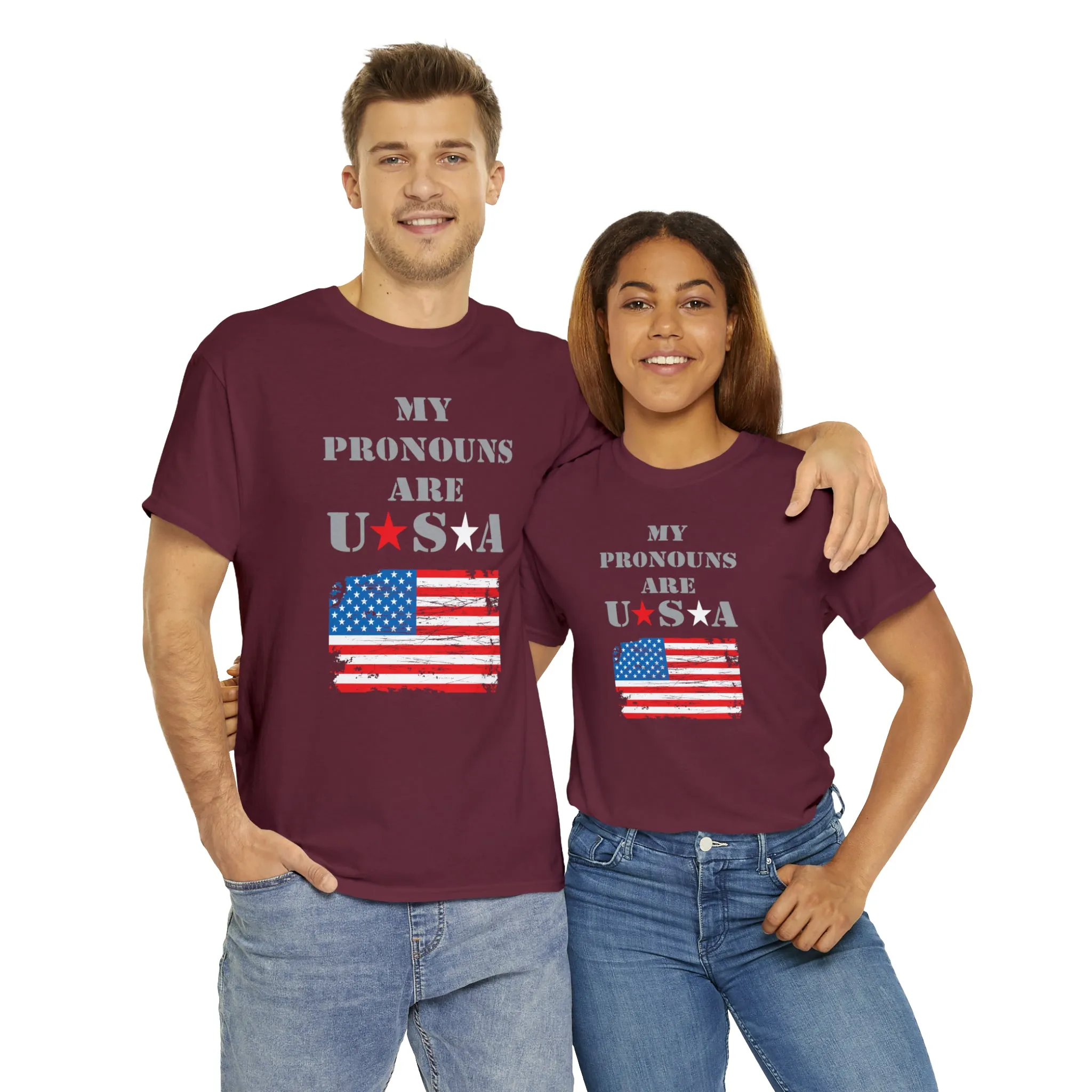 "My Pronouns are USA" in a super comfy heavy cotton t-shirt
