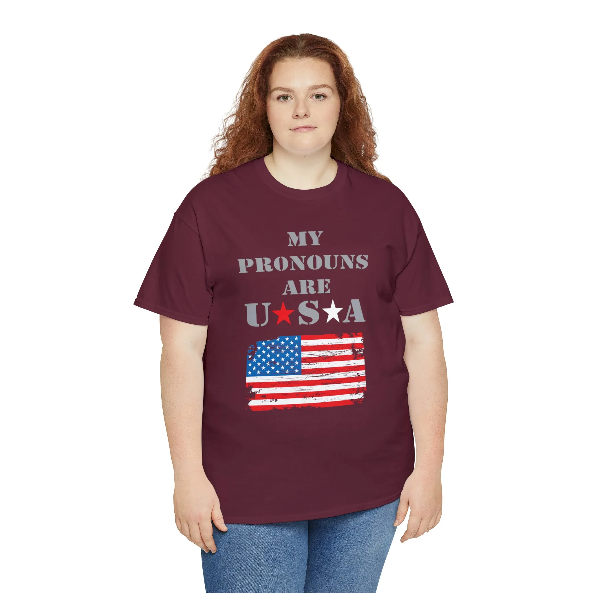 "My Pronouns are USA" in a super comfy heavy cotton t-shirt
