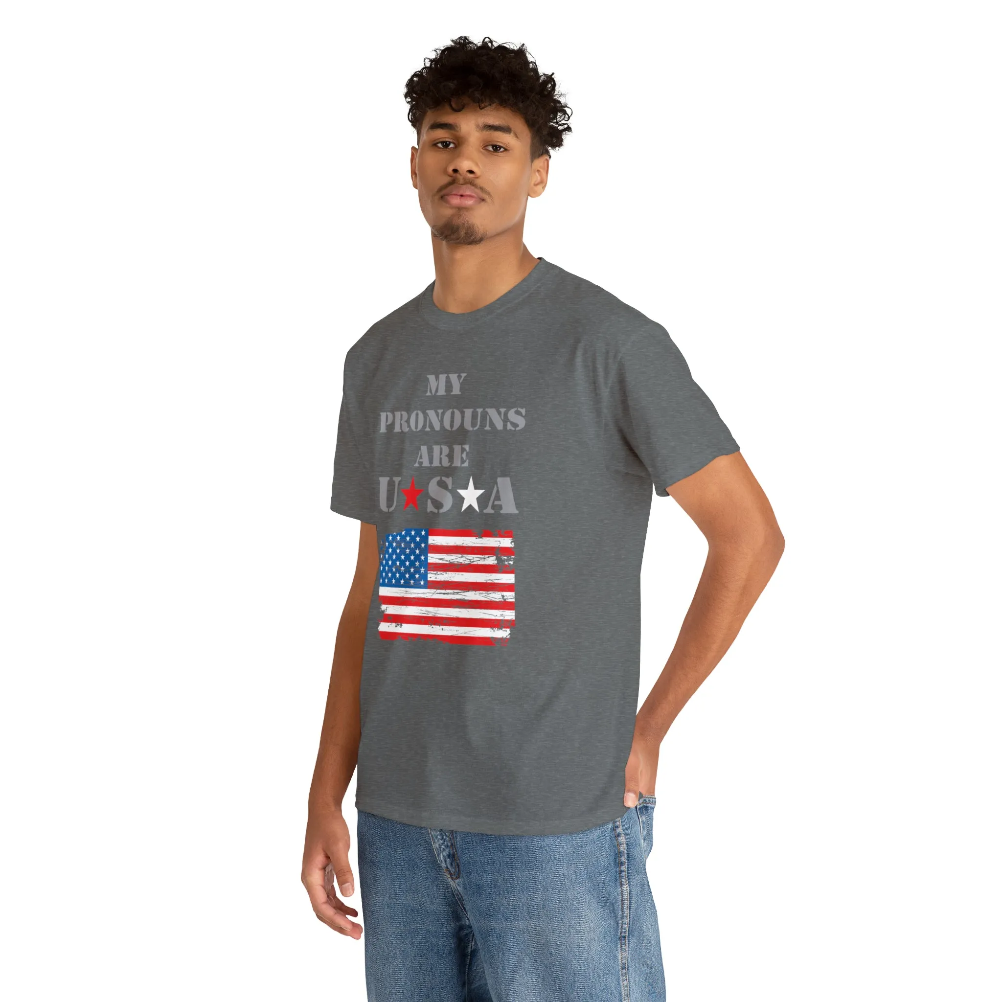 "My Pronouns are USA" in a super comfy heavy cotton t-shirt