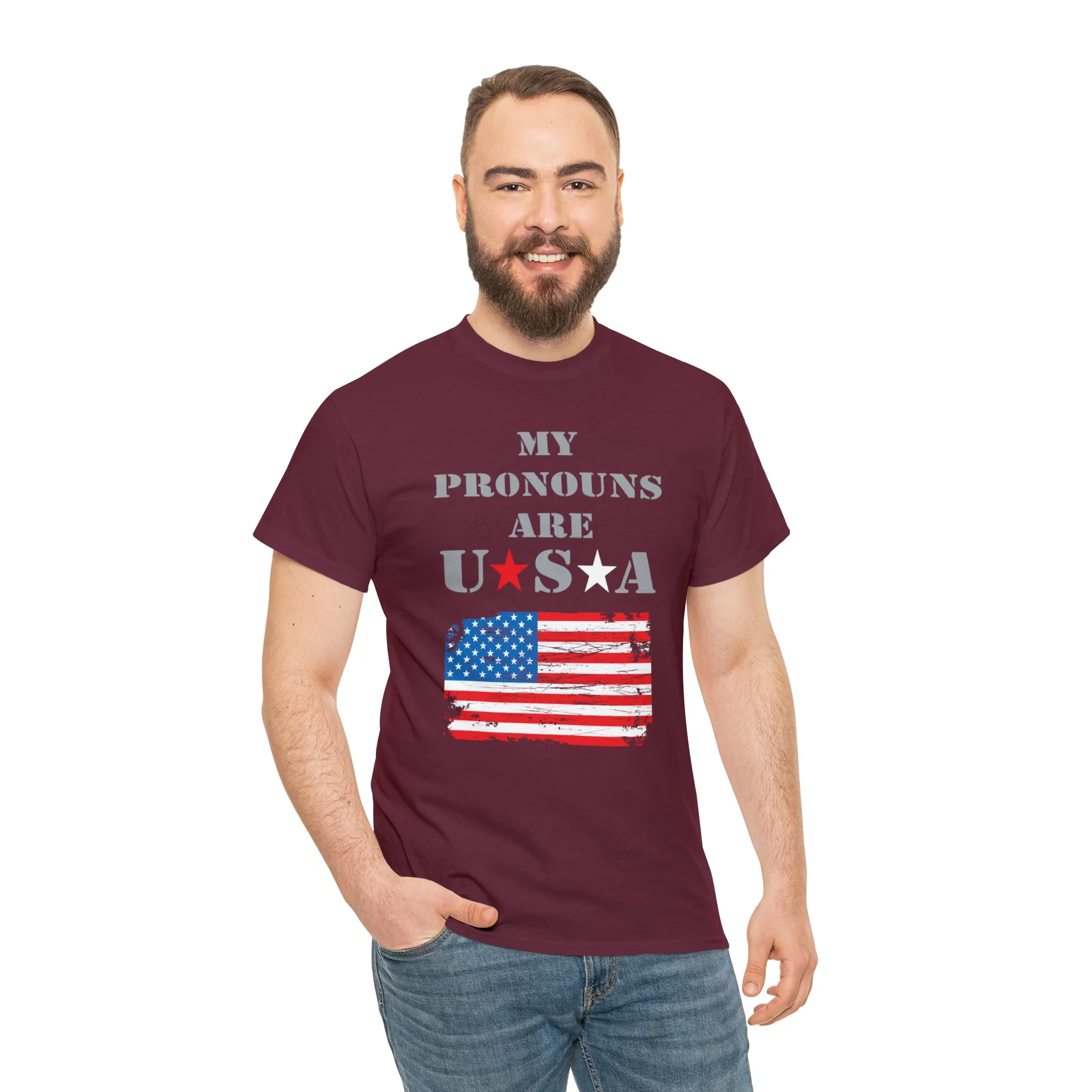 "My Pronouns are USA" in a super comfy heavy cotton t-shirt