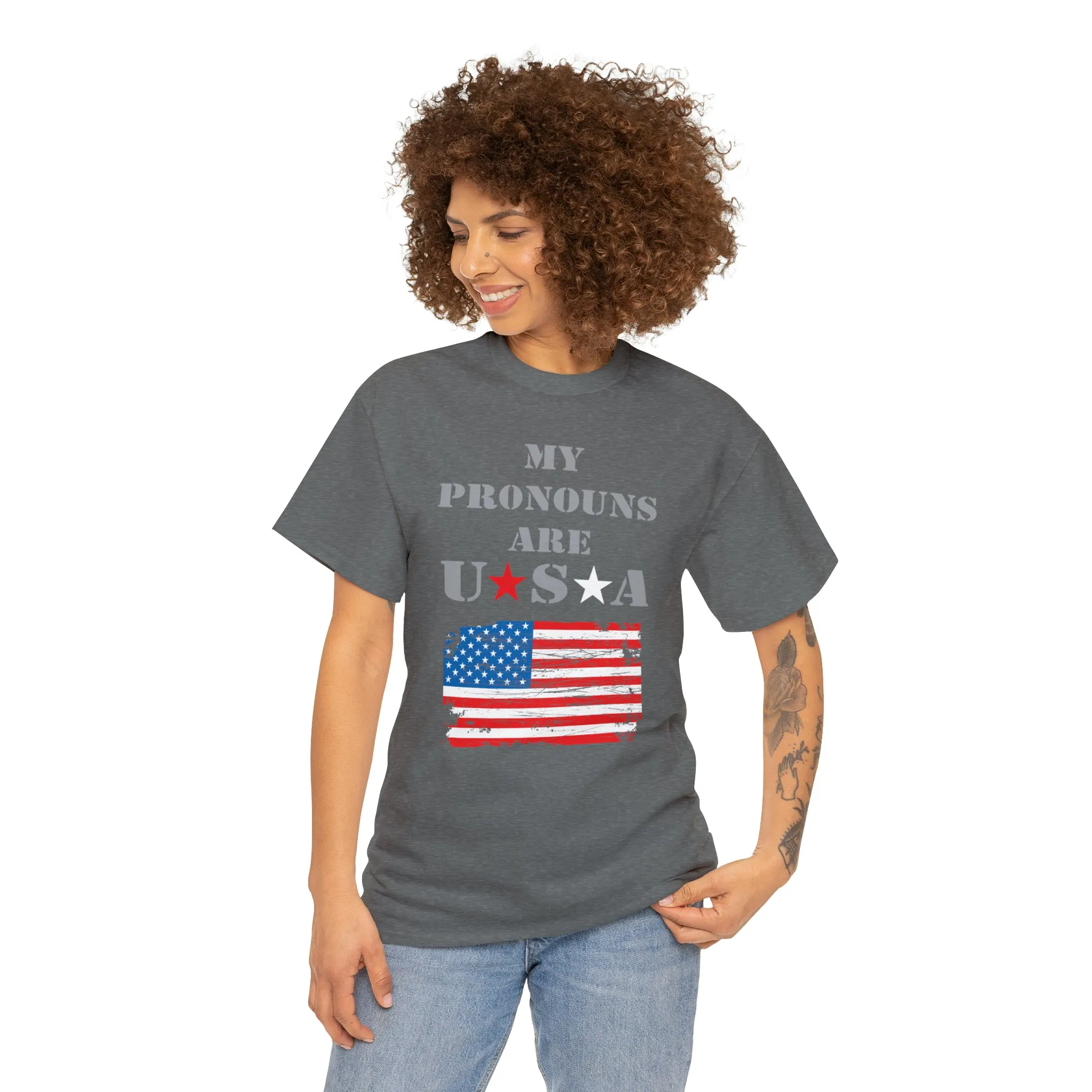 "My Pronouns are USA" in a super comfy heavy cotton t-shirt