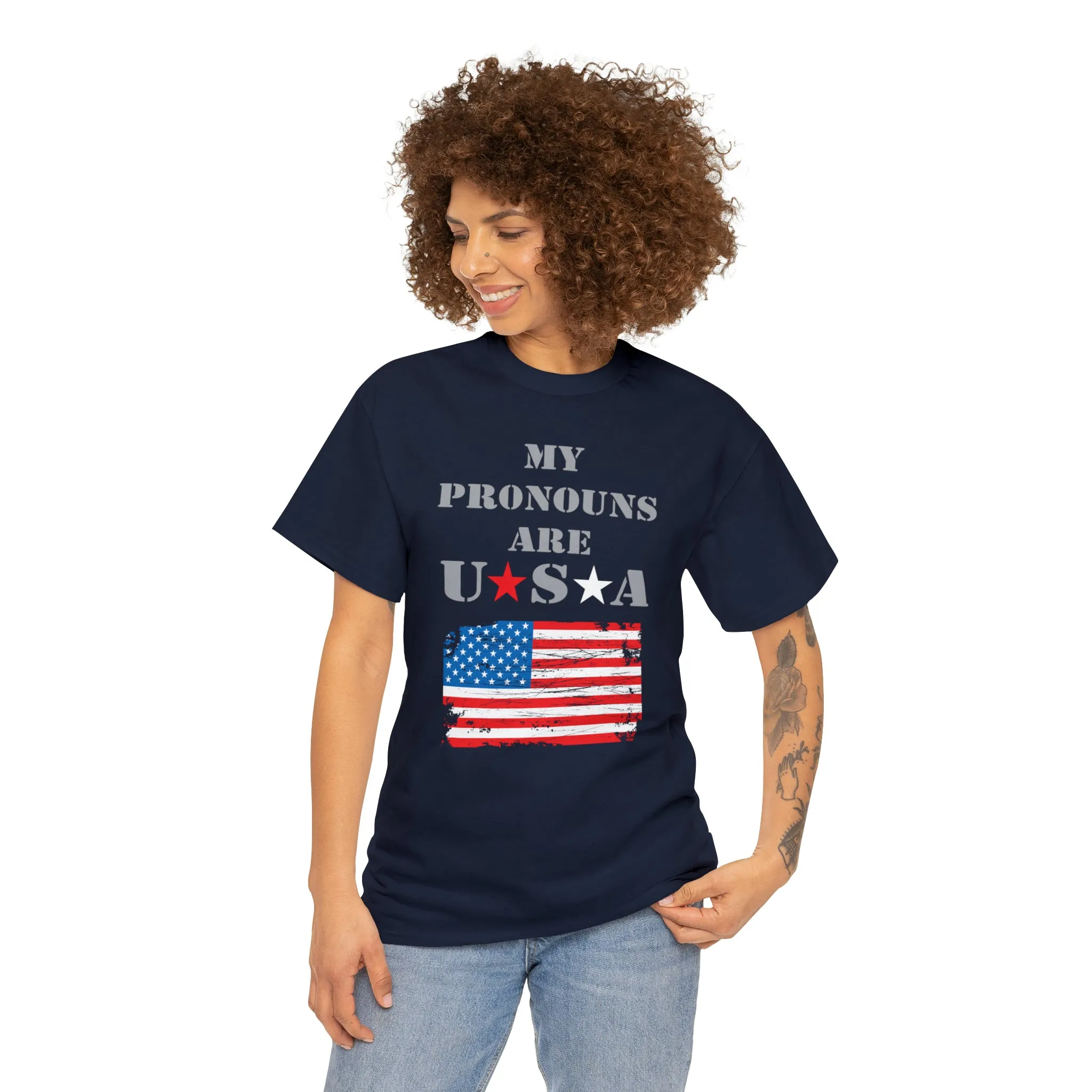 "My Pronouns are USA" in a super comfy heavy cotton t-shirt