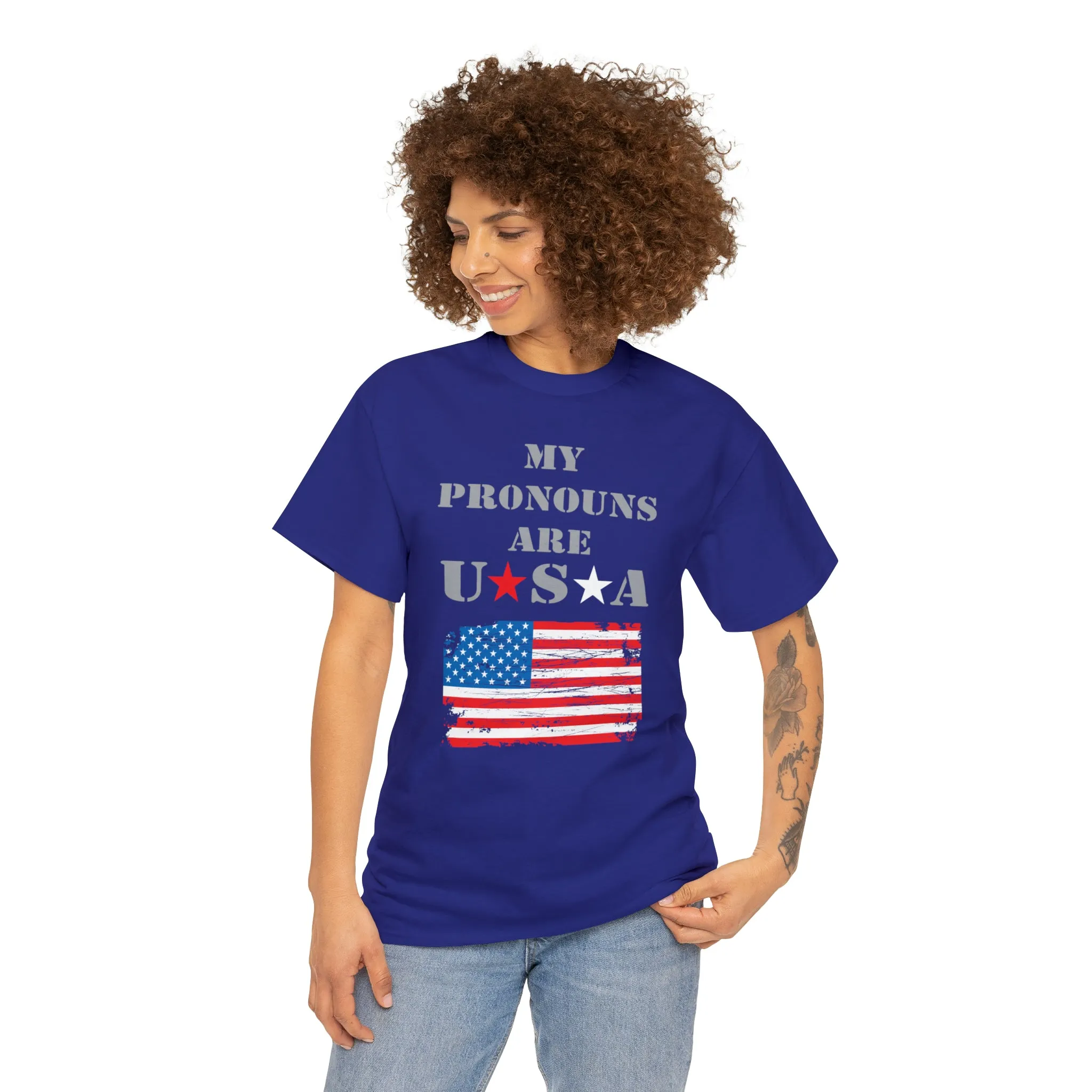 "My Pronouns are USA" in a super comfy heavy cotton t-shirt