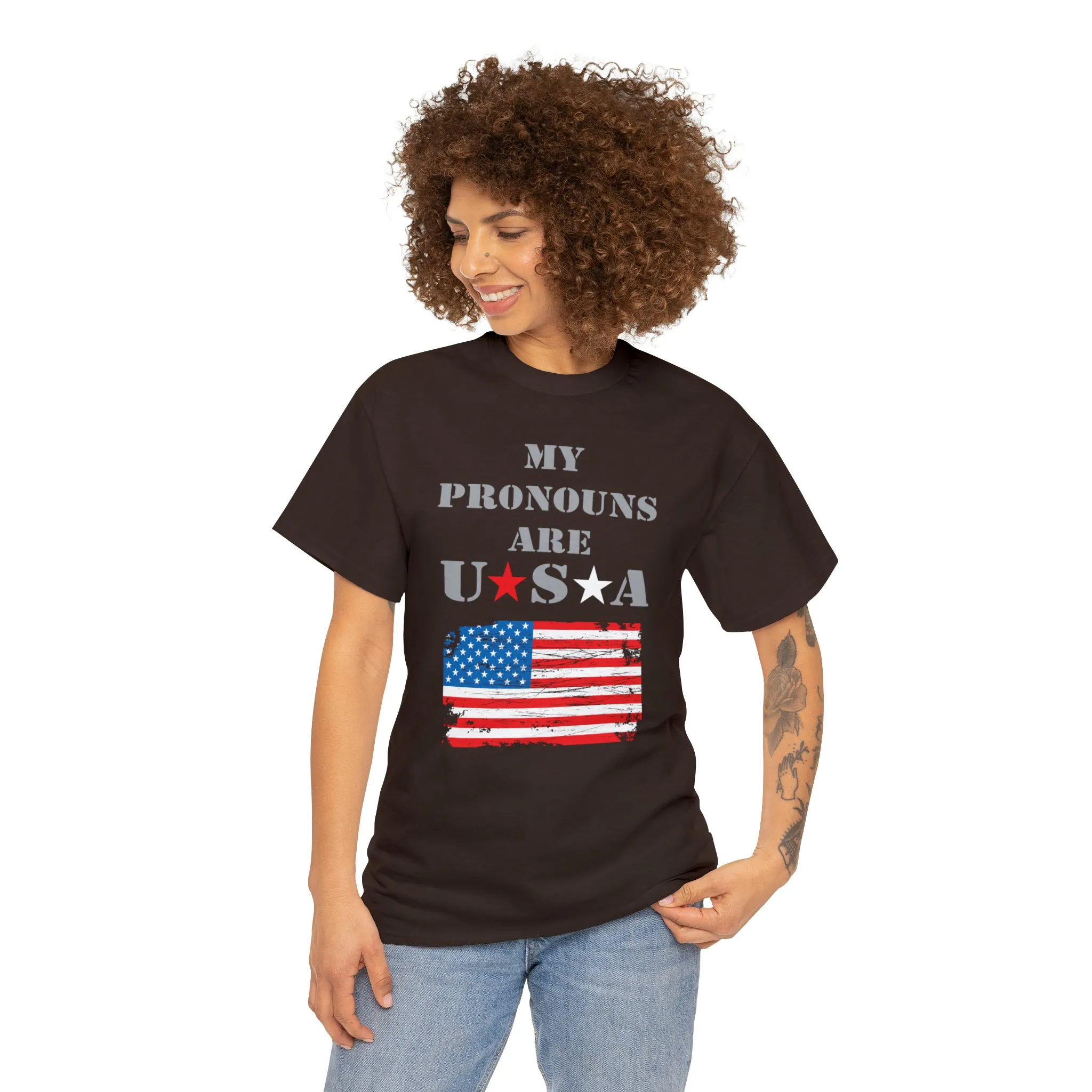 "My Pronouns are USA" in a super comfy heavy cotton t-shirt