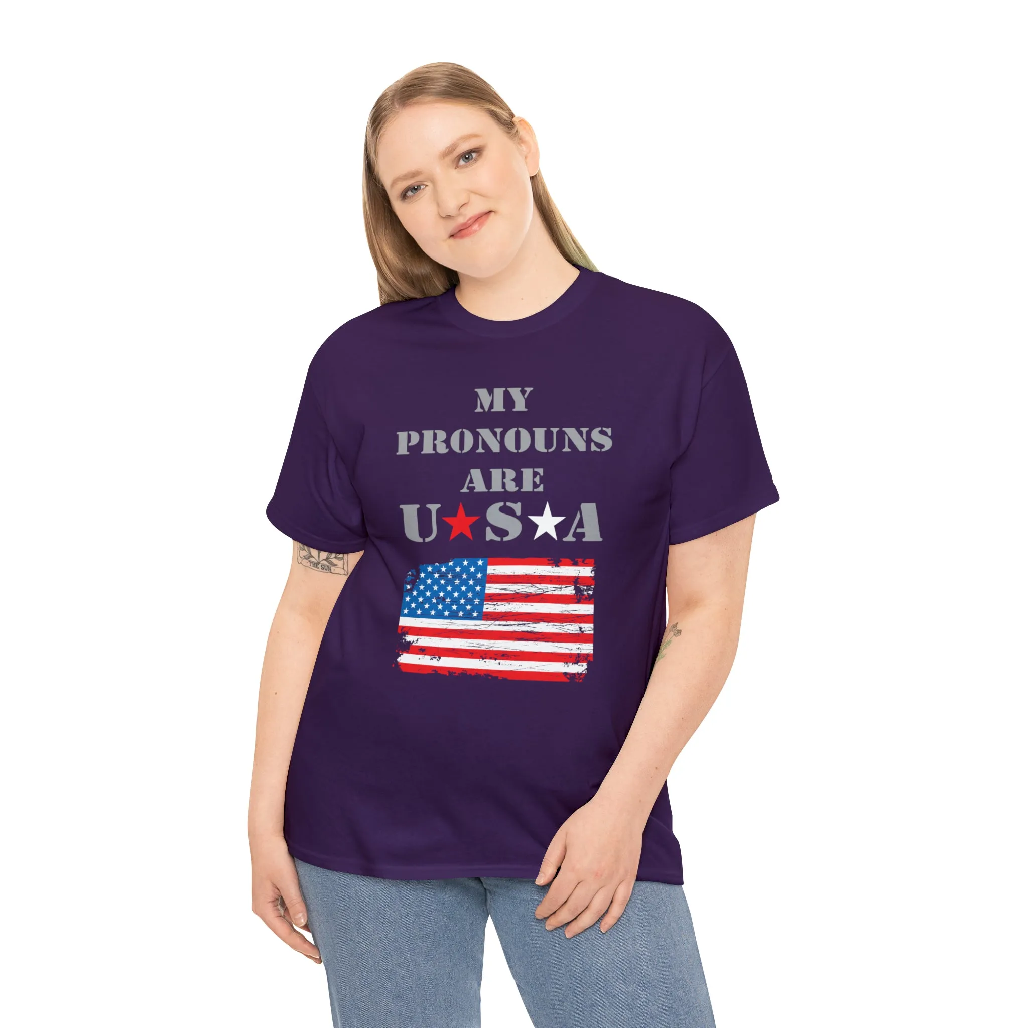 "My Pronouns are USA" in a super comfy heavy cotton t-shirt