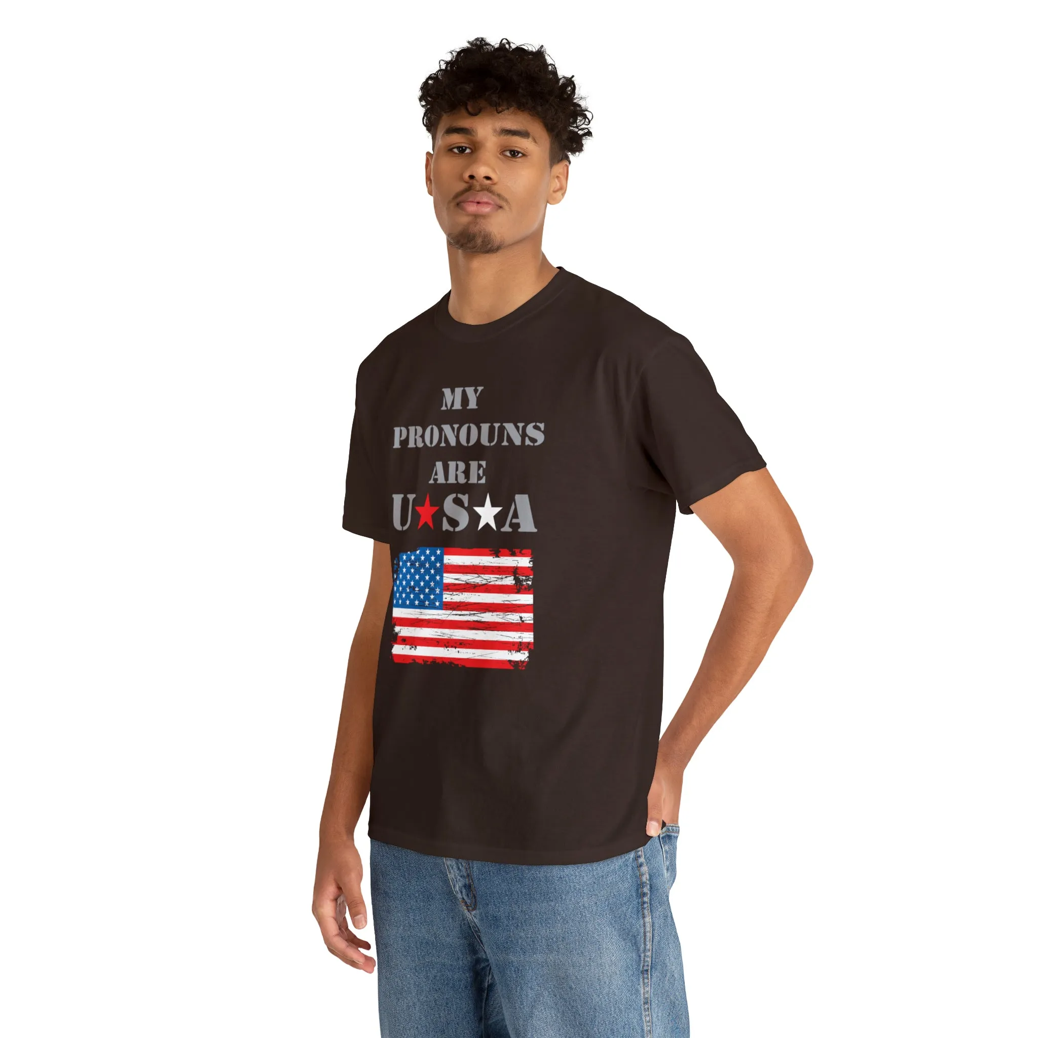 "My Pronouns are USA" in a super comfy heavy cotton t-shirt