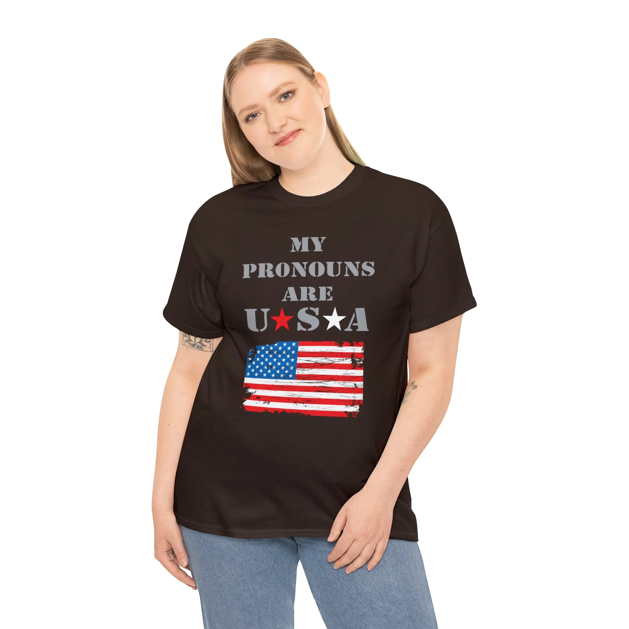 "My Pronouns are USA" in a super comfy heavy cotton t-shirt