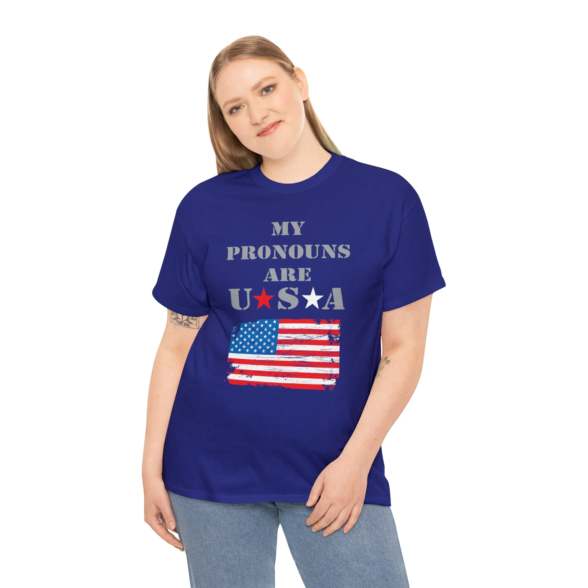 "My Pronouns are USA" in a super comfy heavy cotton t-shirt