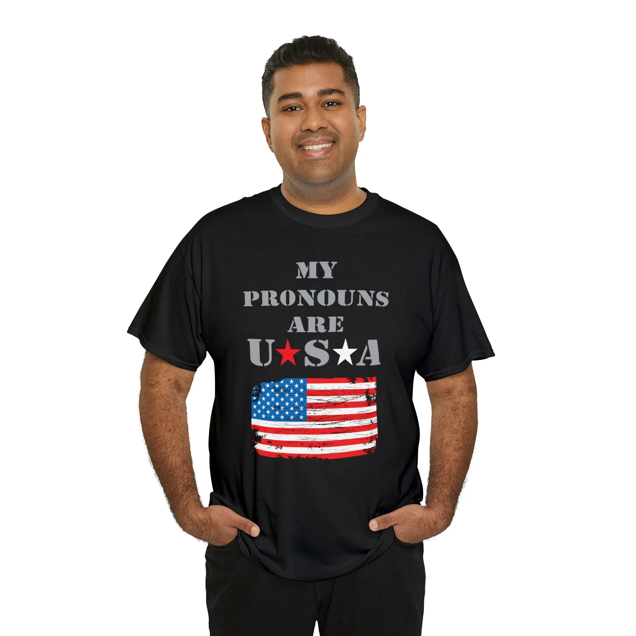 "My Pronouns are USA" in a super comfy heavy cotton t-shirt