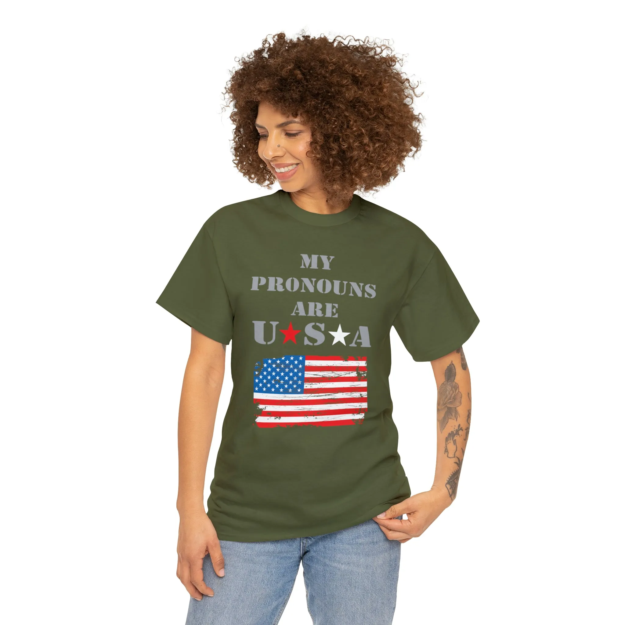"My Pronouns are USA" in a super comfy heavy cotton t-shirt