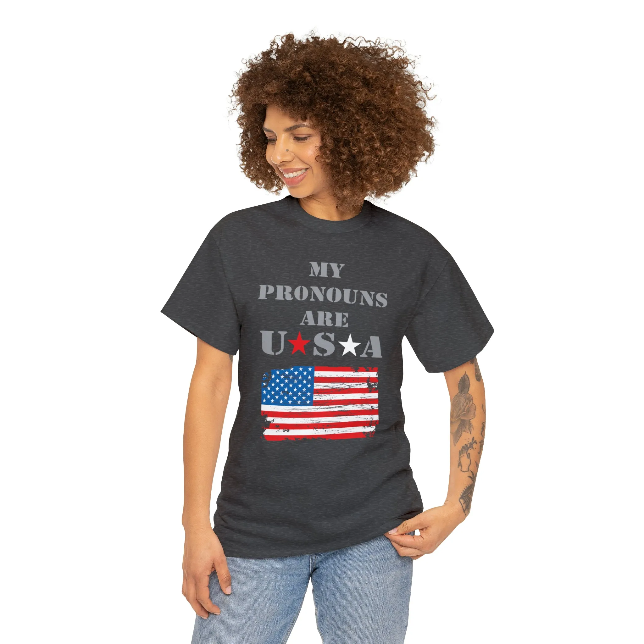 "My Pronouns are USA" in a super comfy heavy cotton t-shirt