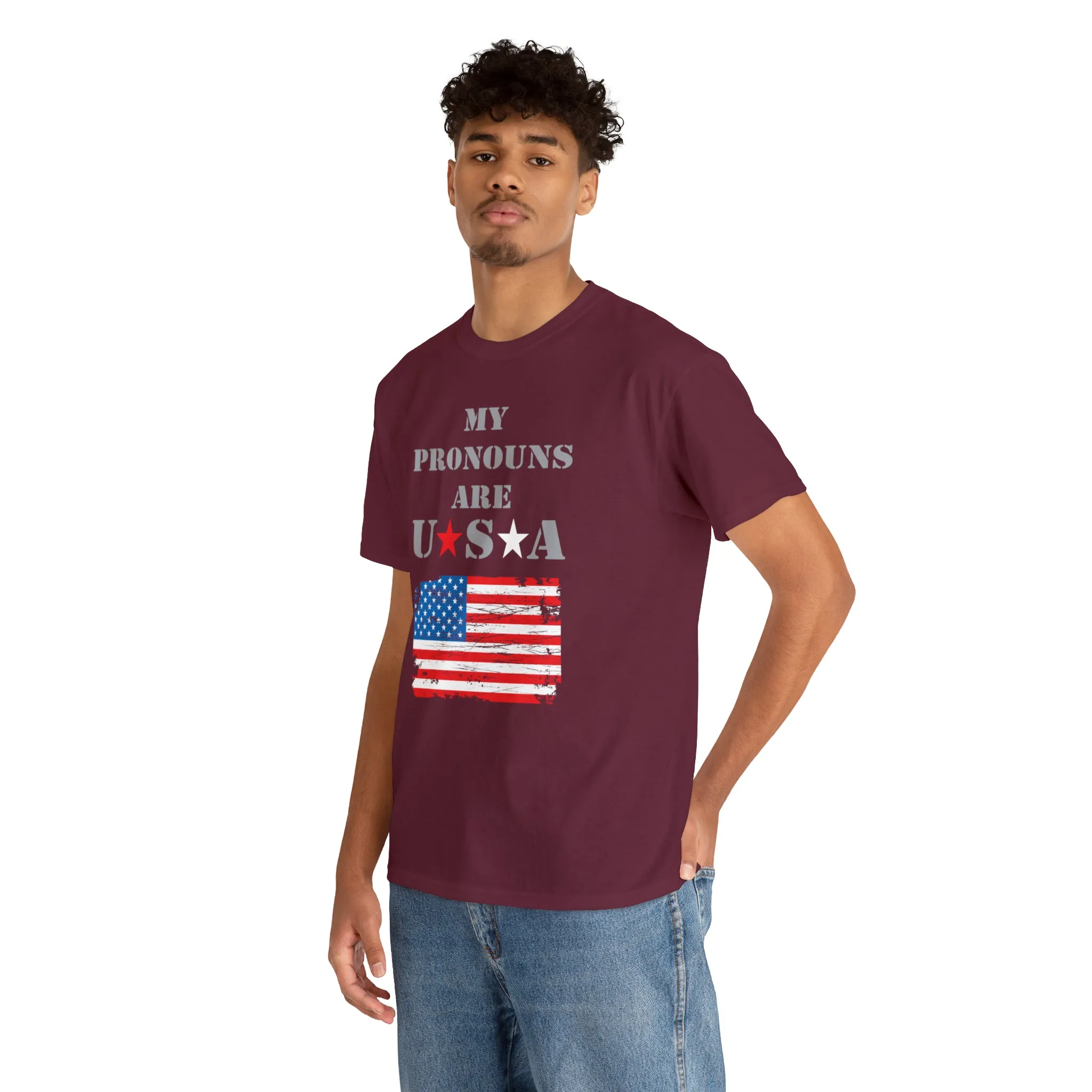 "My Pronouns are USA" in a super comfy heavy cotton t-shirt