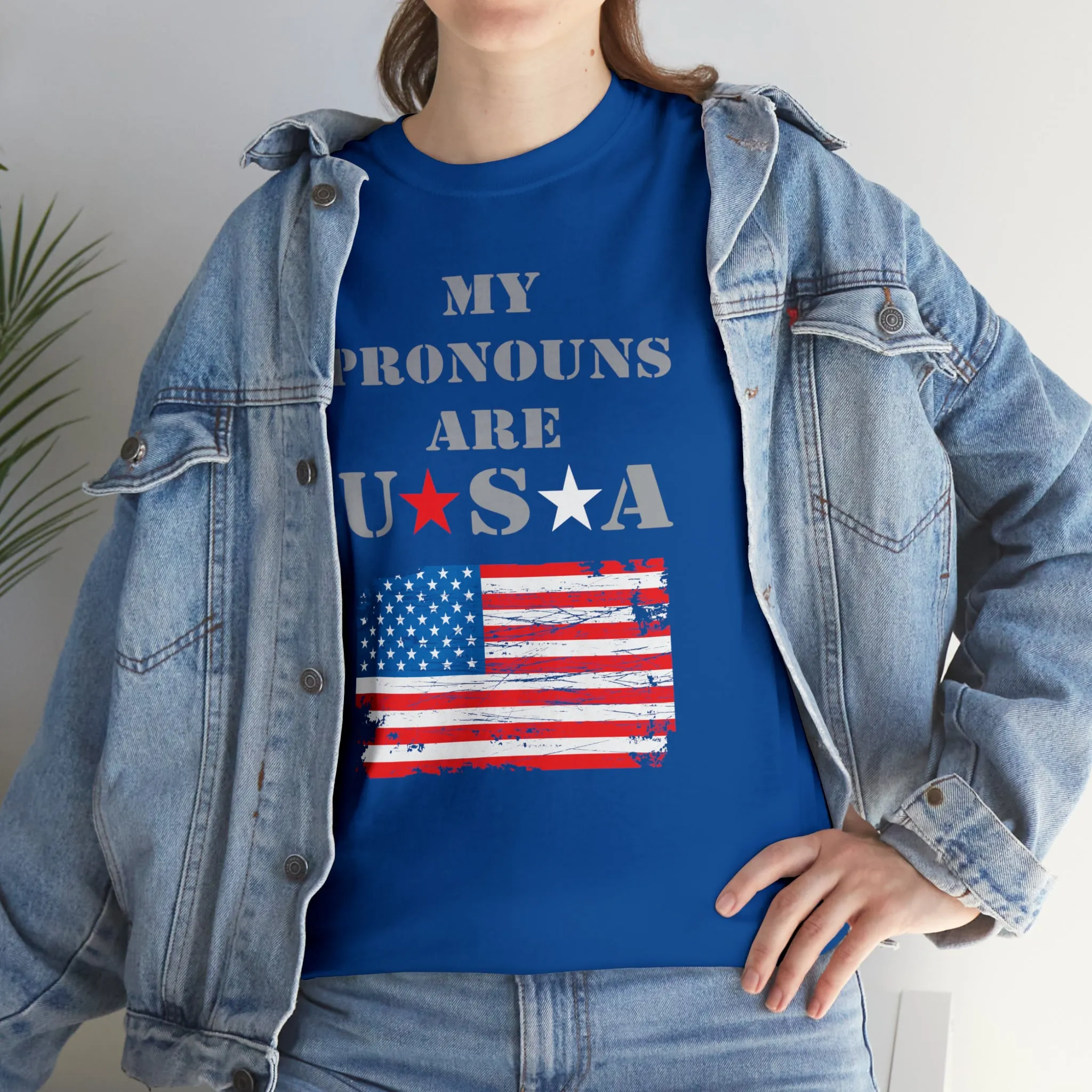 "My Pronouns are USA" in a super comfy heavy cotton t-shirt