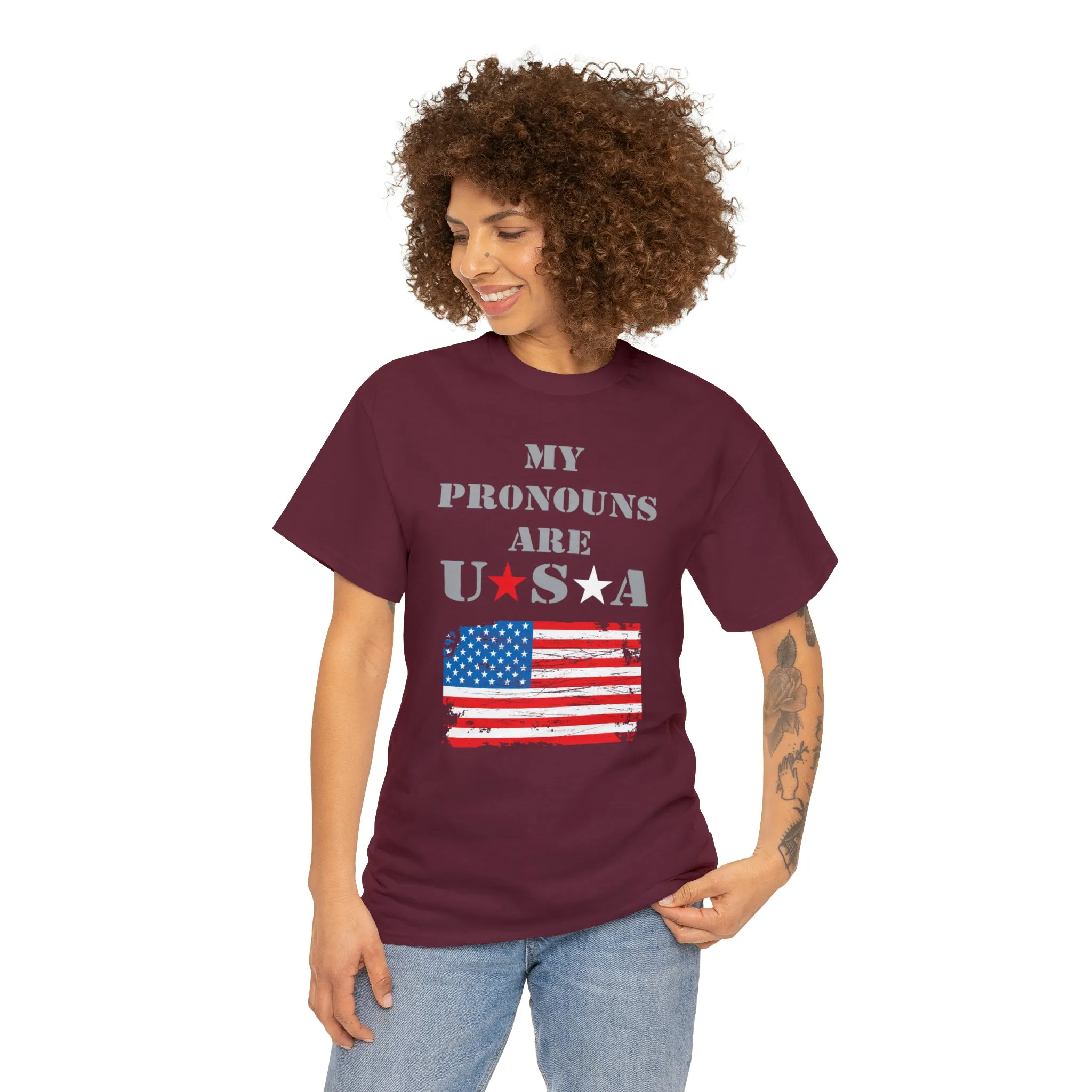"My Pronouns are USA" in a super comfy heavy cotton t-shirt